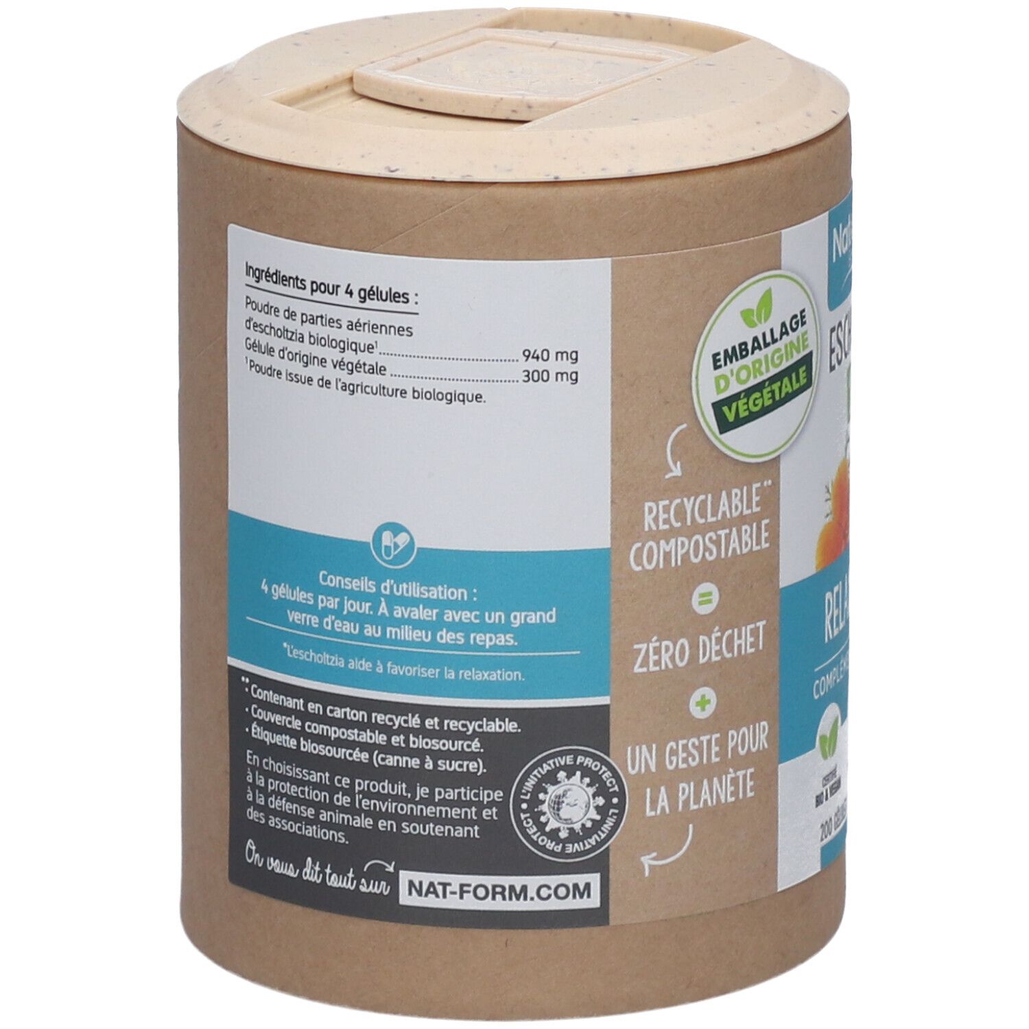 Dos de la boîte. Liste des ingrédients, conseils d'utilisation. Inscription : Nat&Form. Certifications : emballage végétal, recyclable, compostable.