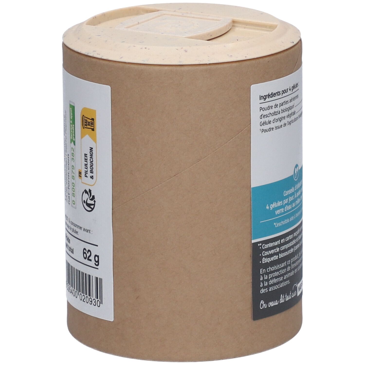 Boîte avec couvercle. Inscription : 62g, Nat&Form. Code-barres. Numéro de téléphone. Certifications : emballage végétal, recyclable, compostable.