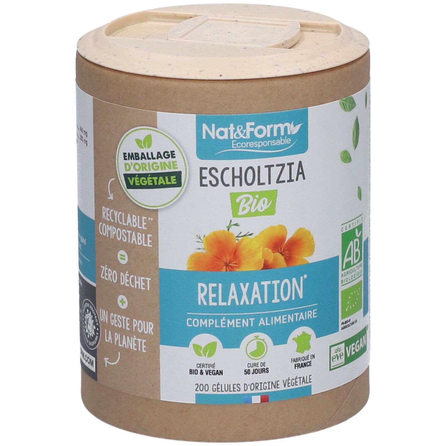 Boîte cylindrique avec couvercle. Inscription : Nat&Form Escholtzia Bio, Relaxation, complément alimentaire. Certifications : AB, Vegan.
