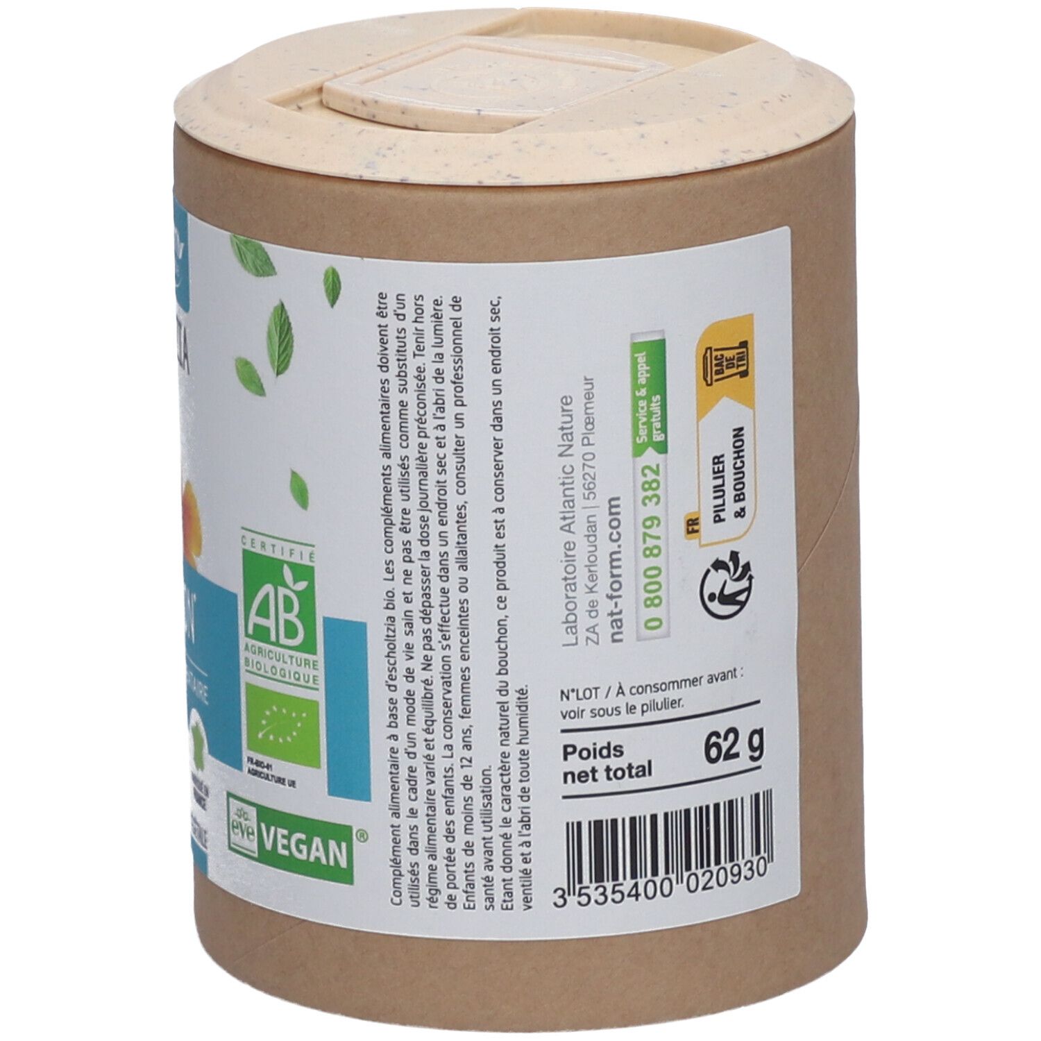 Dos de la boîte. Inscription : 62 g, date limite, Nat&Form. Certifications : AB, Vegan. Code-barres.