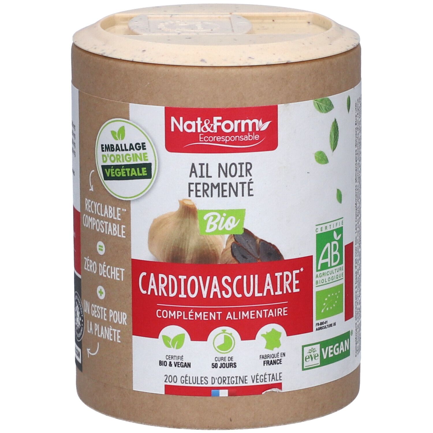 Zylindrische Dose mit Deckel. Aufschrift: Ail Noir Fermenté Bio, Cardiovasculaire, complément alimentaire. Zertifizierungen: AB, Vegan.