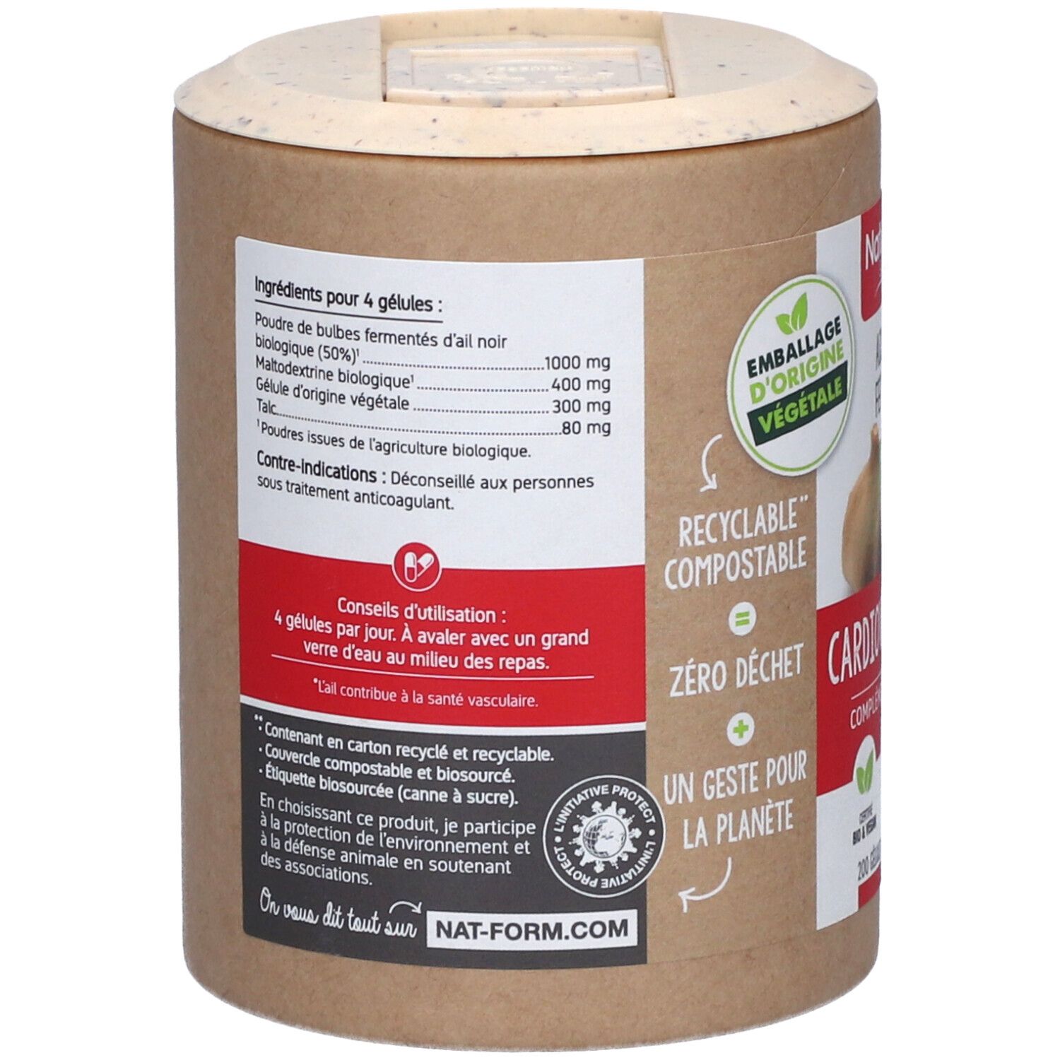 Rückseite der Dose. Zutatenliste, Anwendungshinweise. Text: Contre-indications, Conseils d'utilisation. Logo: Recyclable, Compostable, Zero Déchet.