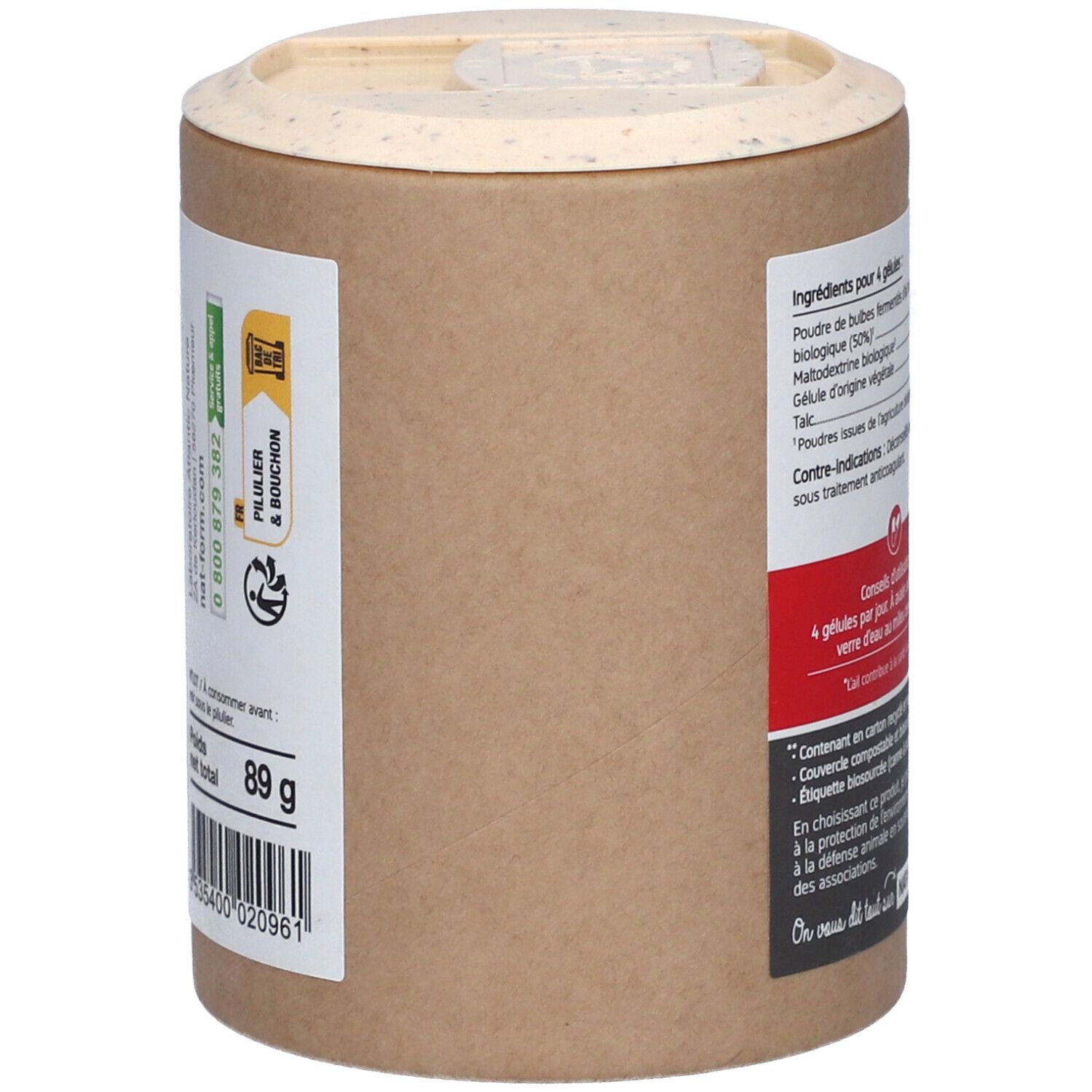 Dose mit Deckel, Seitenansicht. Text: Poids net total 89 g. Barcode. Logo: Piller & Bouchon, AB, Vegan.