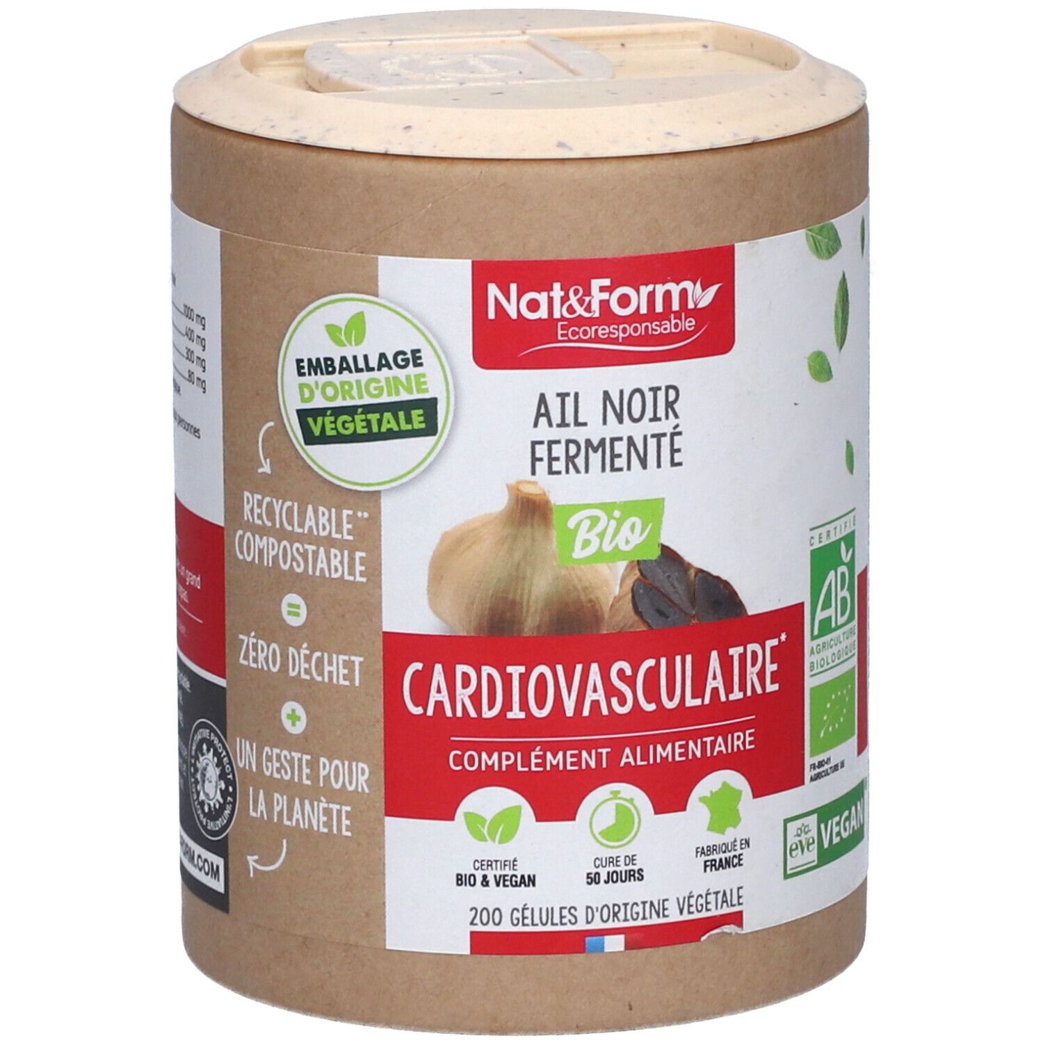 Zylindrische Dose mit Deckel. Aufschrift: Ail Noir Fermenté Bio, Cardiovasculaire, complément alimentaire. Zertifizierungen: AB, Vegan.
