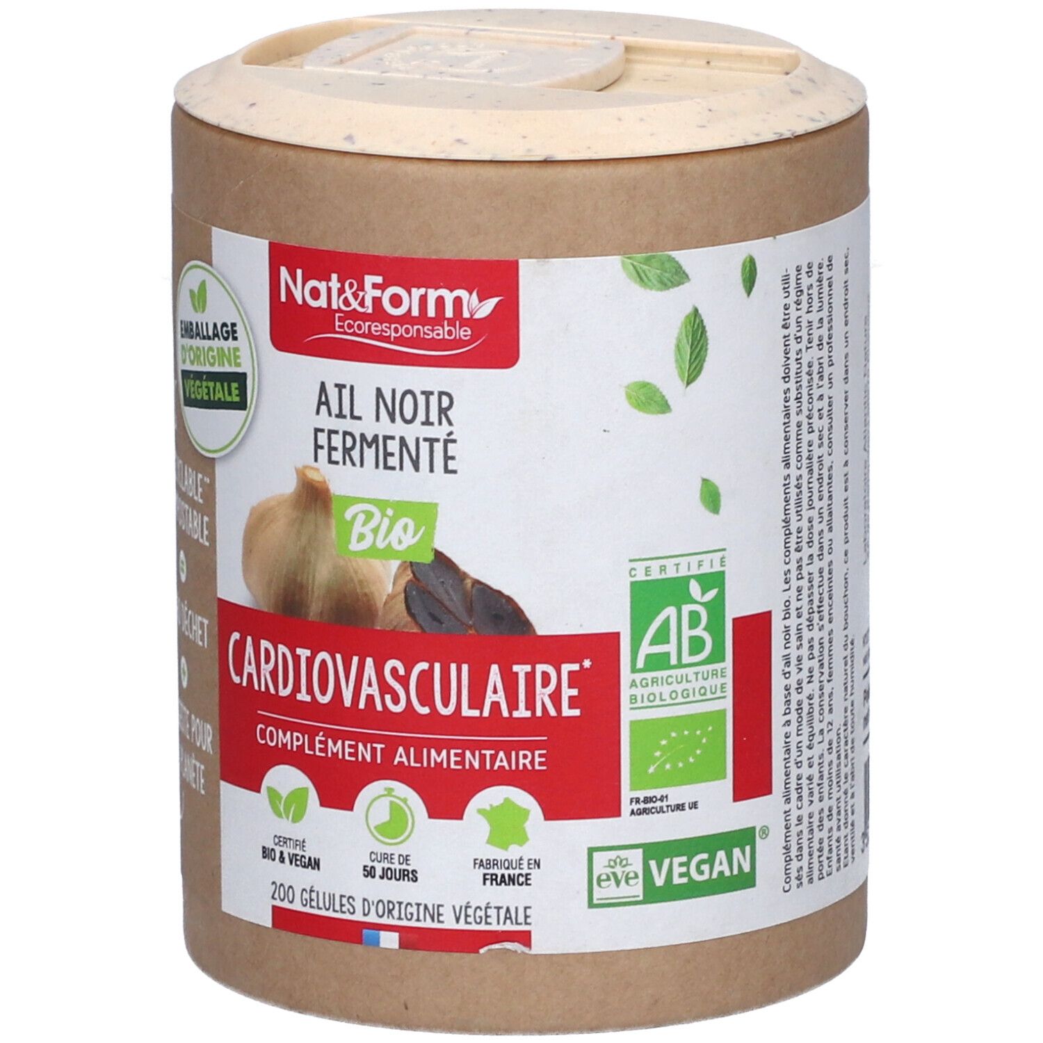 Zylindrische Dose mit Deckel. Aufschrift: Ail Noir Fermenté Bio, Cardiovasculaire, complément alimentaire. Zertifizierungen: AB, Vegan.