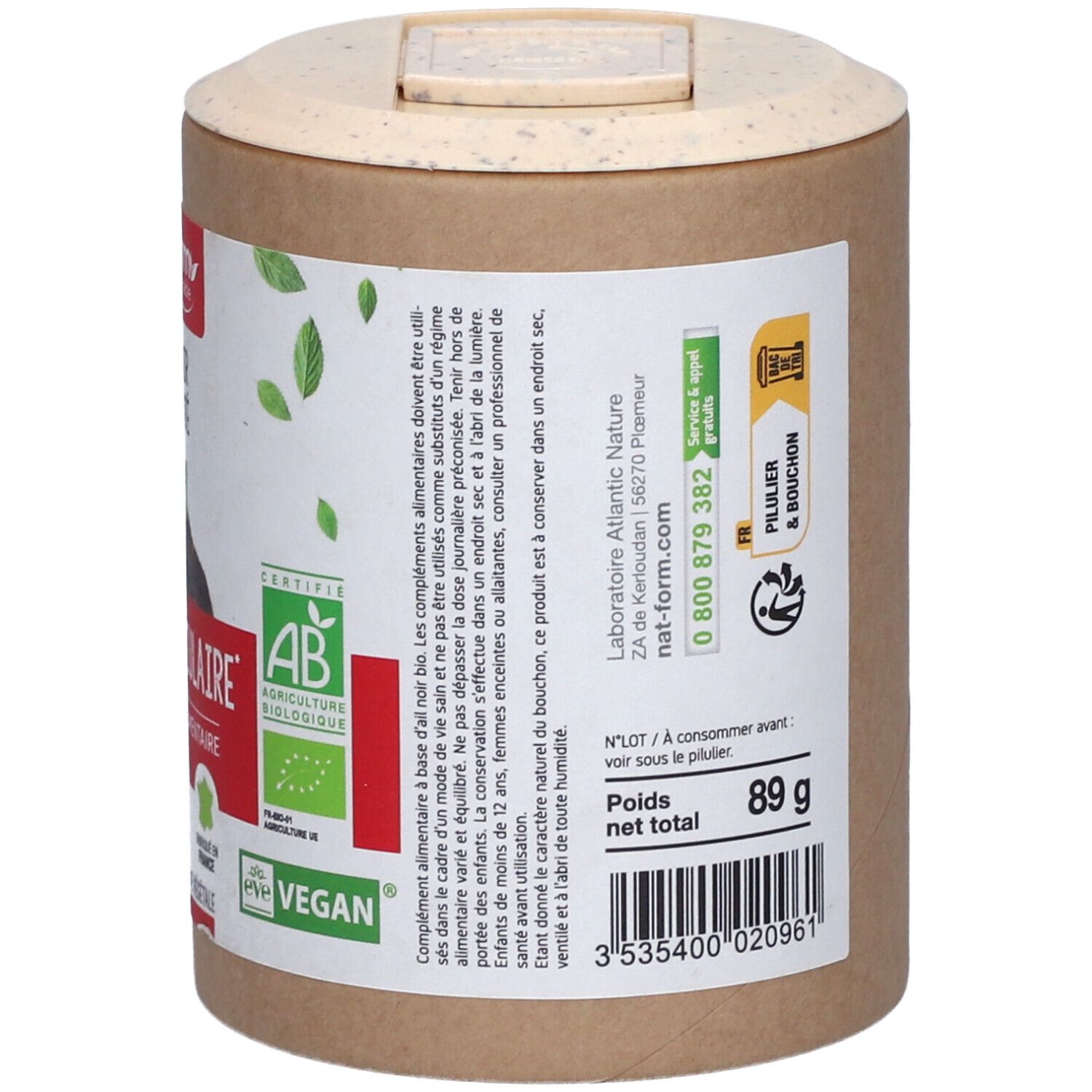 Dose mit Deckel, Seitenansicht. Text: Poids net total 89 g. Barcode. Logo: Piller & Bouchon, AB, Vegan.
