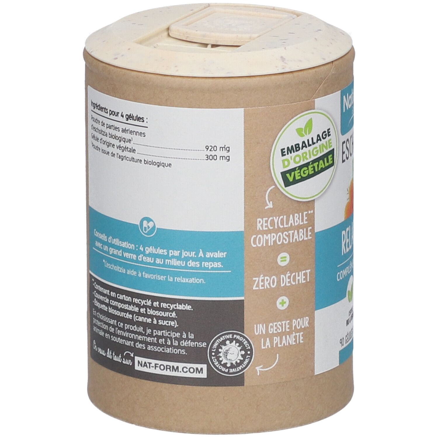 Rückseite der Dose. Enthält Informationen zu Inhaltsstoffen und Anwendung. Text: Emballage d'origine végétale, Recyclable, compostable, zéro déchet.
