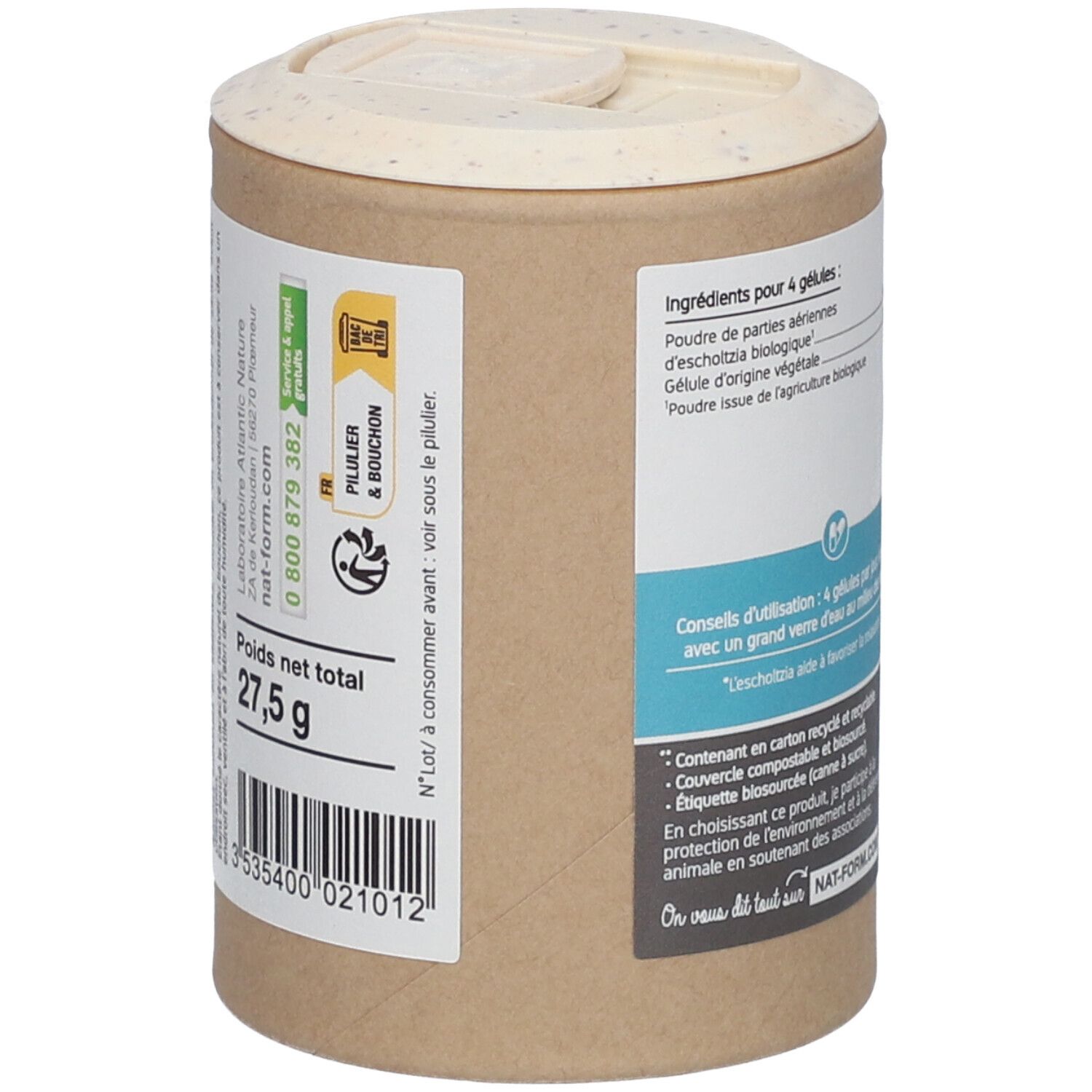 Rückseite der Dose. Enthält Informationen zu Inhaltsstoffen und Anwendung. Nettogewicht: 27,5 g. Text: Pliier & bouchon.