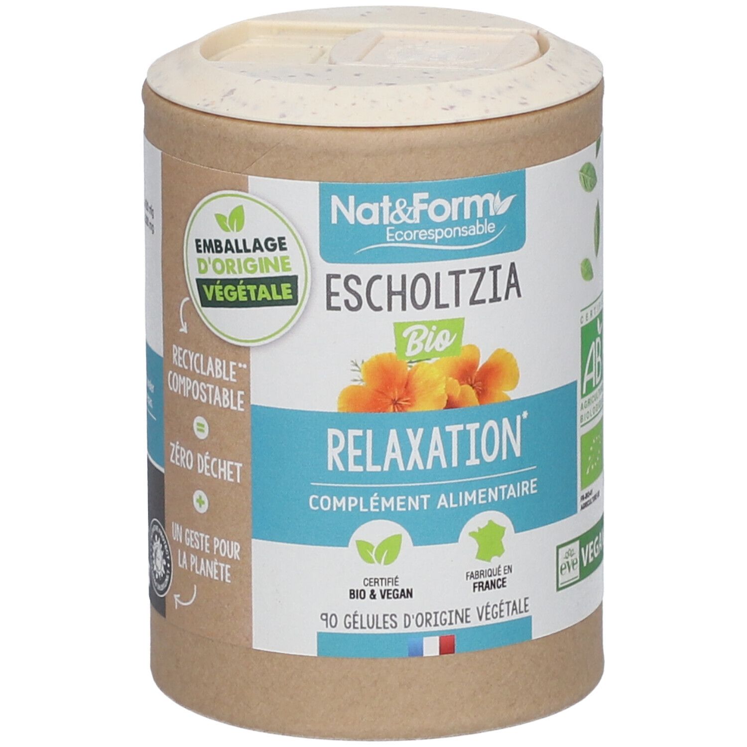 Zylindrische Dose mit Deckel. Aufschrift: Nat & Form Escholtzia Bio, Relaxation, complément alimentaire. Zertifizierungen: AB, Vegan.