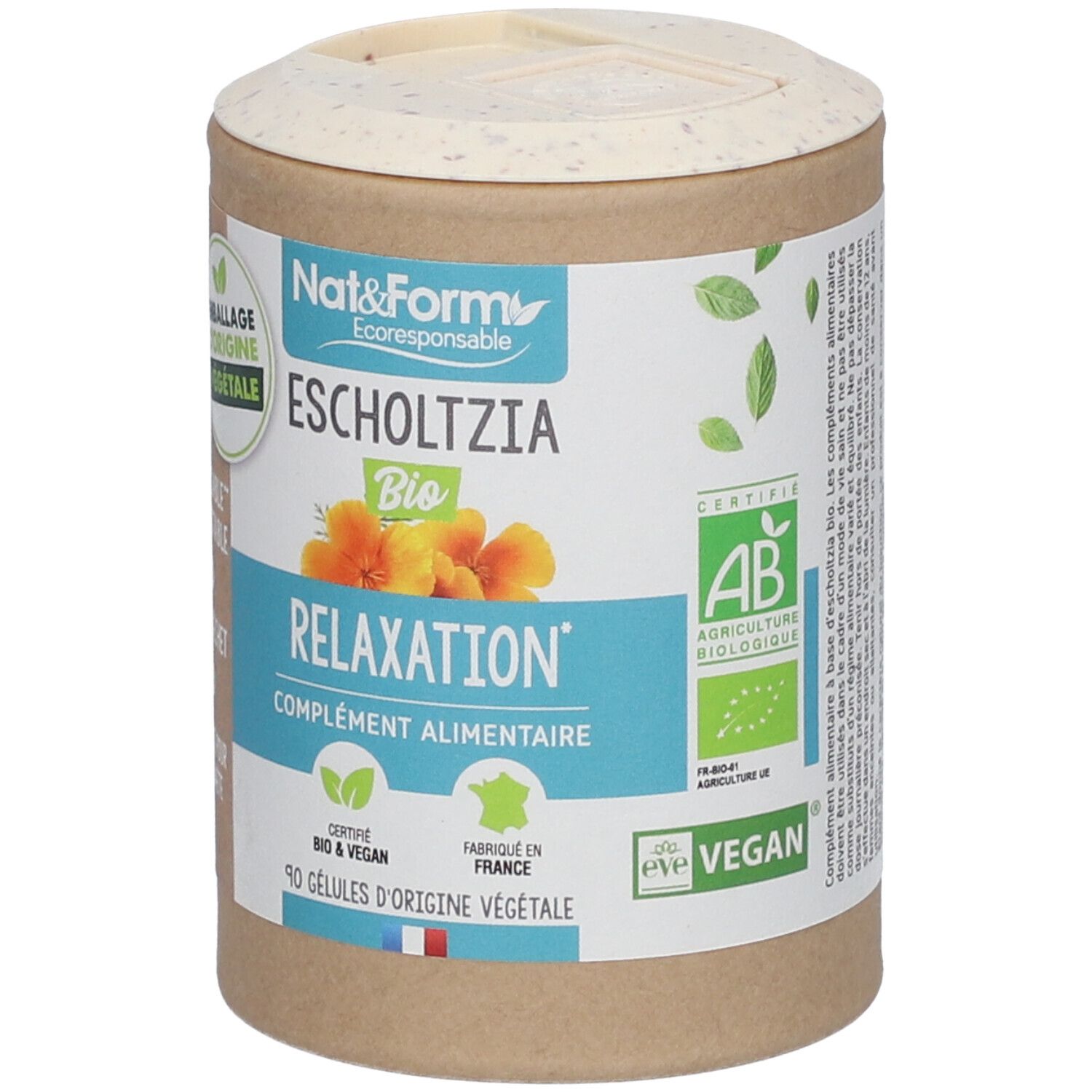 Zylindrische Dose mit Deckel. Aufschrift: Nat & Form Escholtzia Bio, Relaxation, complément alimentaire. Zertifizierungen: AB, Vegan.