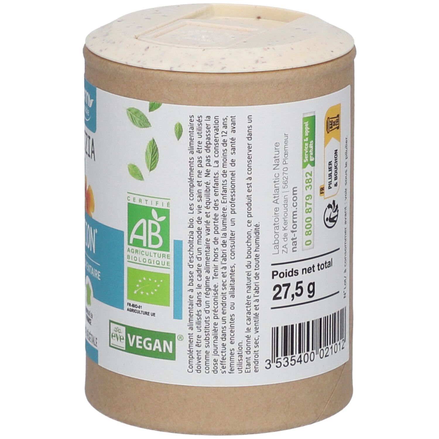 Rückseite der Dose. Enthält Informationen zu Inhaltsstoffen und Anwendung. Nettogewicht: 27,5 g. Zertifizierungen: AB, Vegan.
