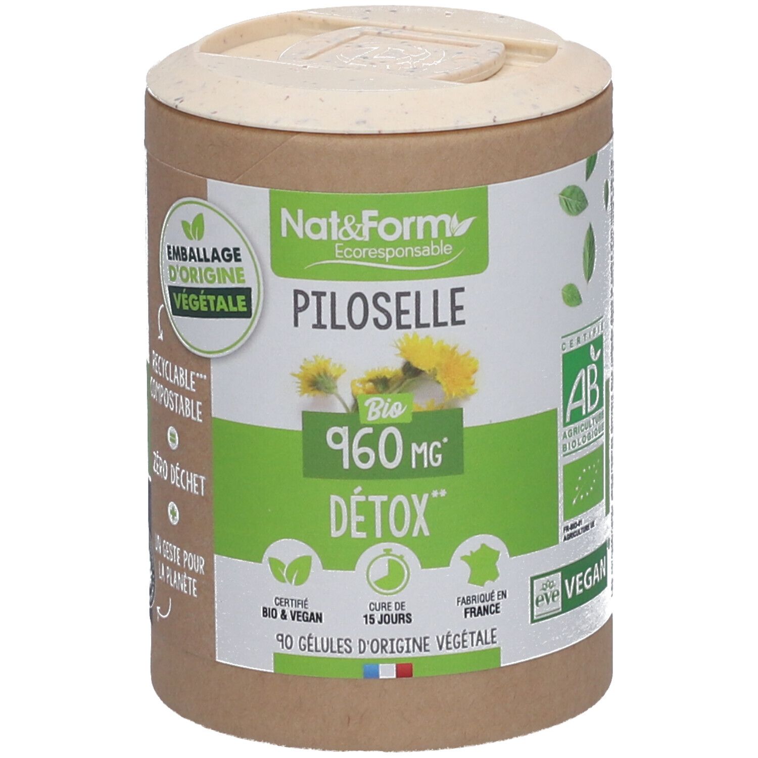 Boîte cylindrique avec couvercle. Inscription: Nat&Form Piloselle Bio, 960 mg, Detox. Certifications: Bio, Vegan.