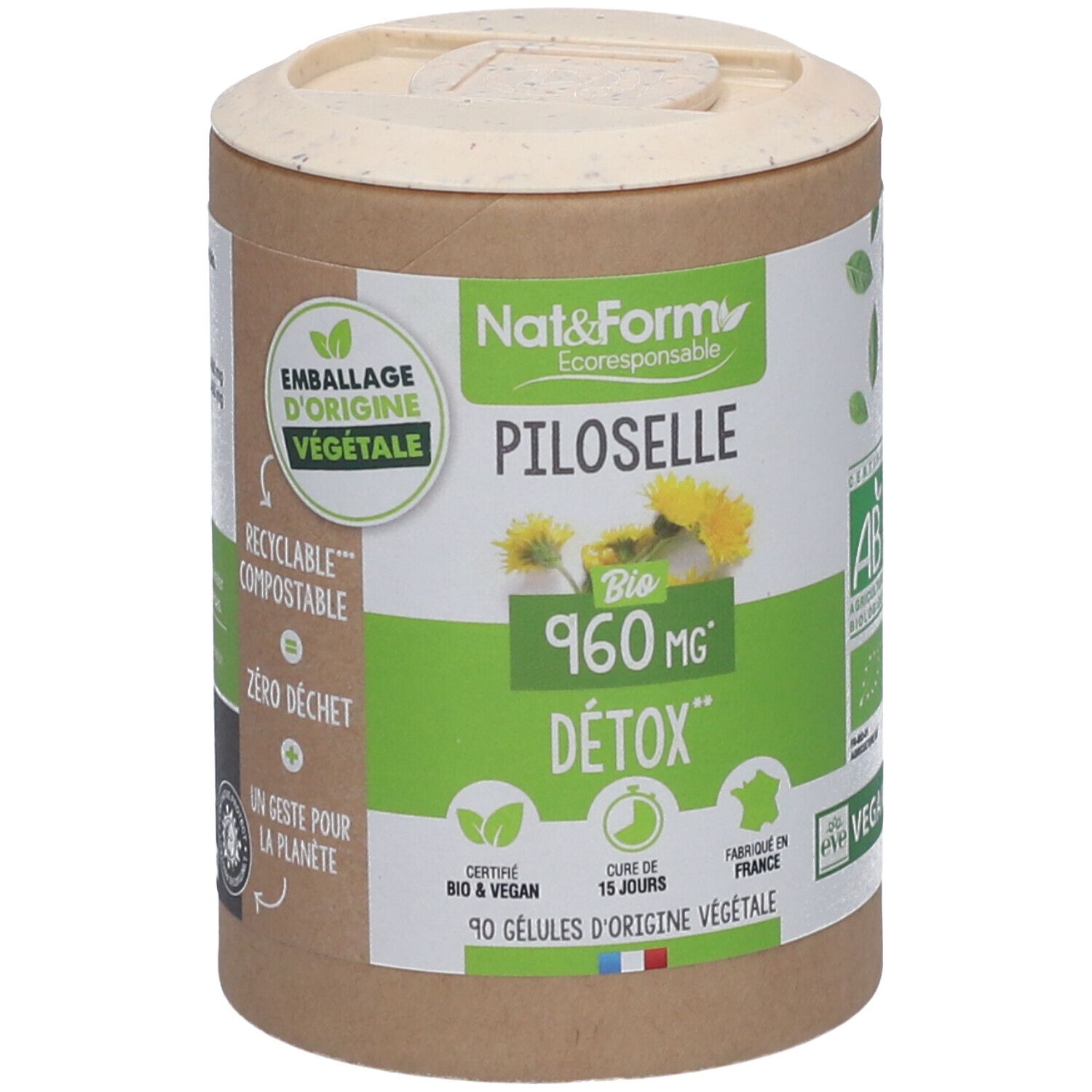 Boîte cylindrique avec couvercle. Inscription: Nat&Form Piloselle Bio, 960 mg, Detox. Certifications: Bio, Vegan.
