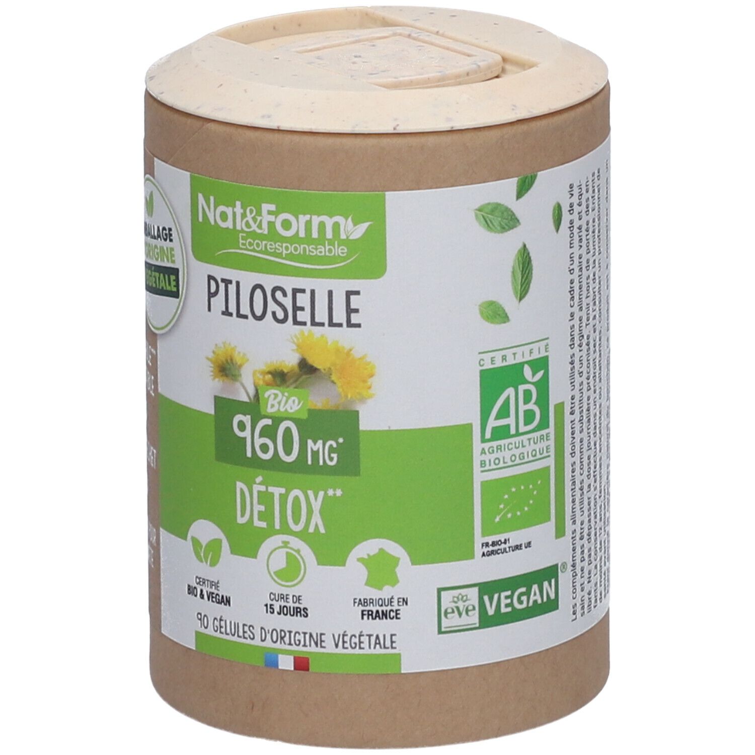 Boîte cylindrique avec couvercle. Inscription: Nat&Form Piloselle Bio, 960 mg, Detox. Certifications: Bio, Vegan.