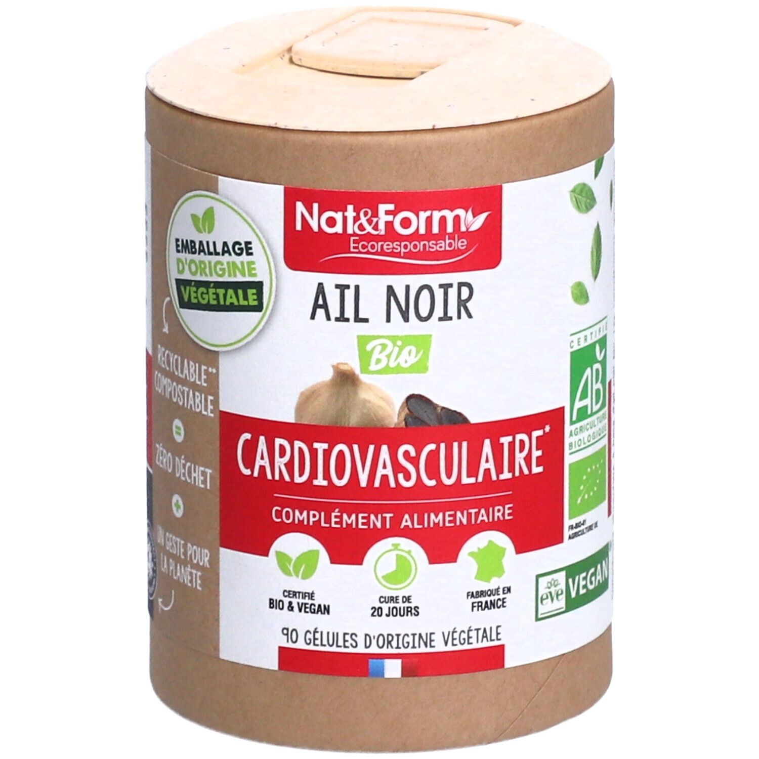 Zylinderförmige Dose mit Aufschrift "Ail Noir Bio". Enthält 90 Kapseln. Zertifiziert Bio und Vegan. Französische Herstellung.