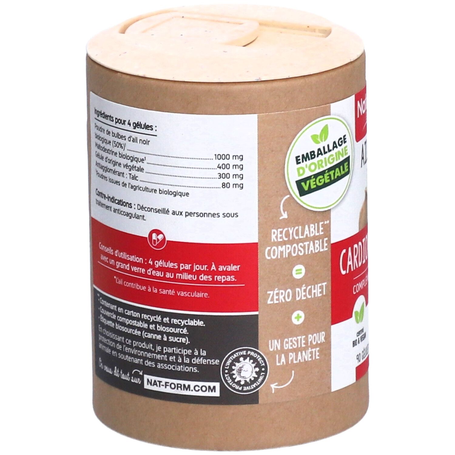 Dose mit Inhaltsangaben und Gebrauchsanweisung. Enthält Knoblauchpulver, Maltodextrin, pflanzliche Kapseln. Recycelbar und kompostierbar.