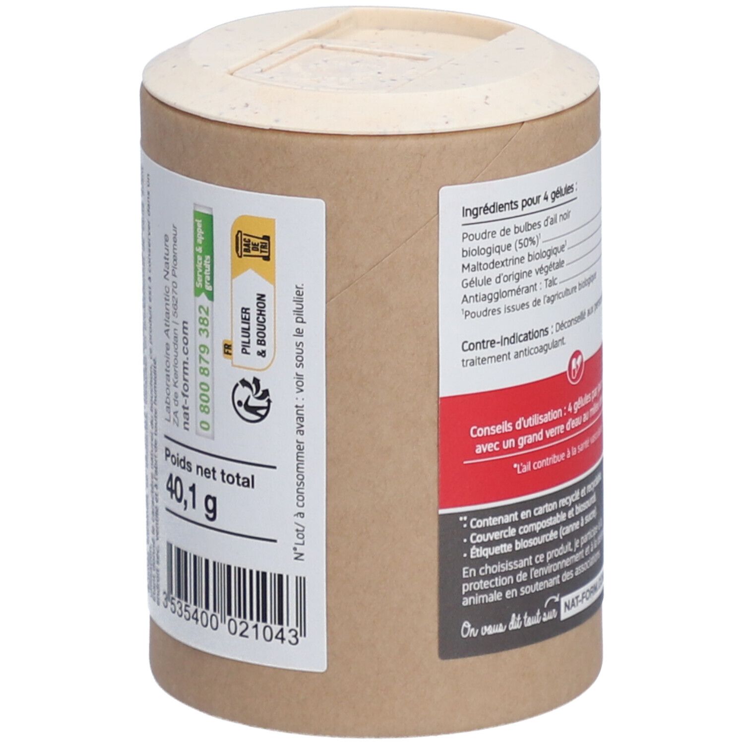 Dose mit Inhaltsangaben und Nettogewicht von 40,1 g. Enthält Knoblauchpulver, Maltodextrin, pflanzliche Kapseln. Bio-Zertifizierung.