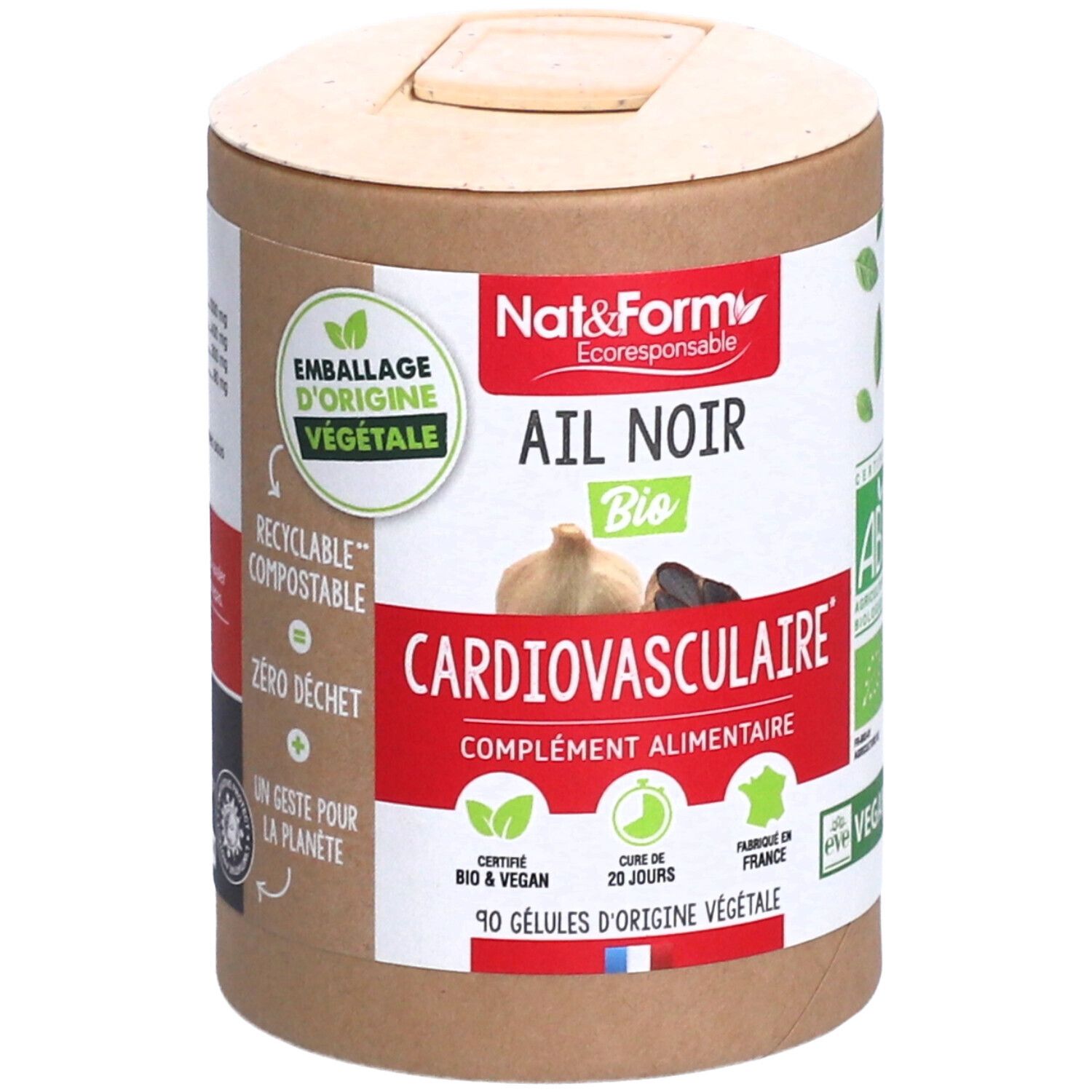 Zylinderförmige Dose mit "Ail Noir Bio". Enthält 90 Kapseln. Bio- und Vegan-Zertifizierung. Französische Herstellung. Pflanzliche Verpackung.