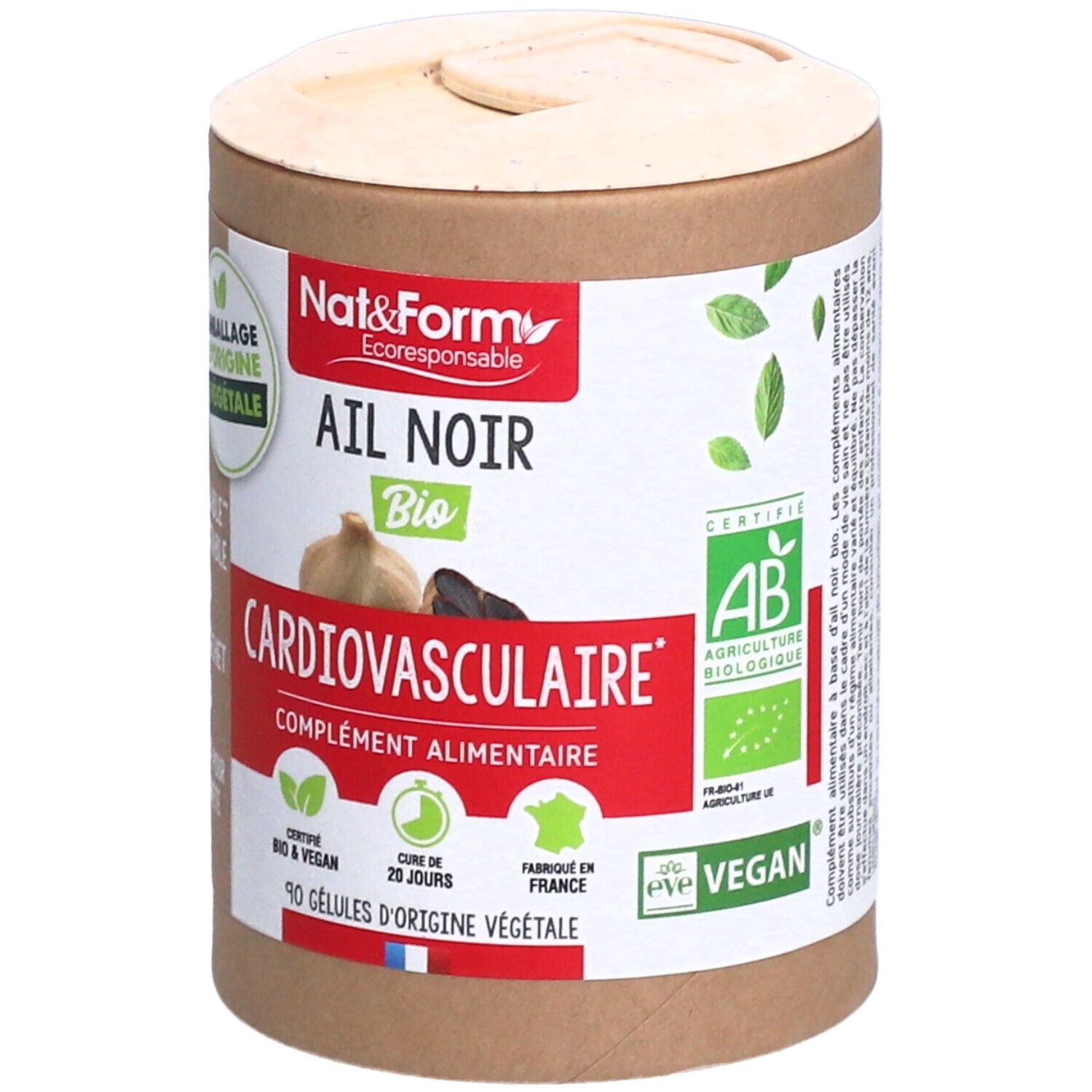 Zylinderförmige Dose mit "Ail Noir Bio". Enthält 90 Kapseln. Bio- und Vegan-Zertifizierung. Französische Herstellung. Pflanzliche Verpackung.