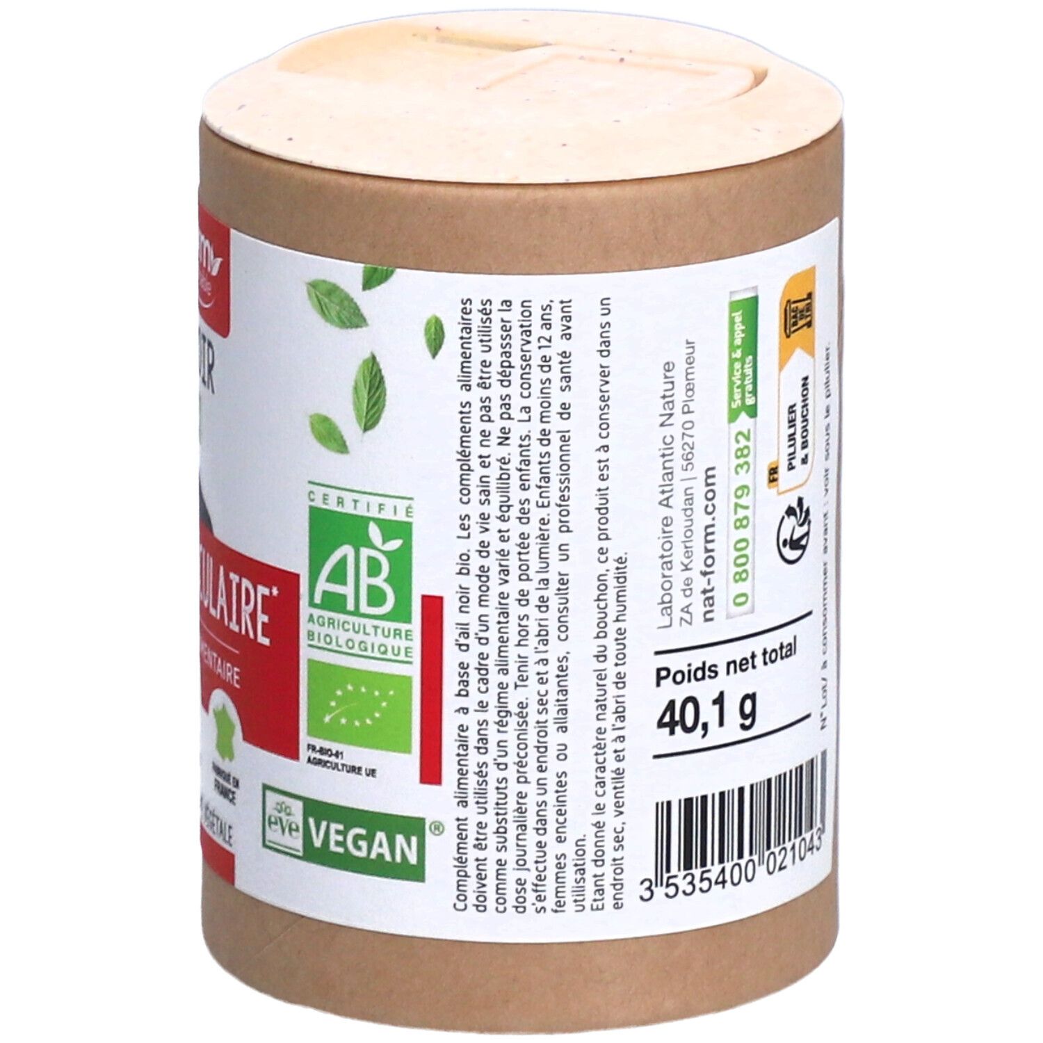 Dose mit Inhaltsangaben und Warnhinweisen. Enthält Knoblauchpulver, Maltodextrin, pflanzliche Kapseln. Bio-Zertifizierung.