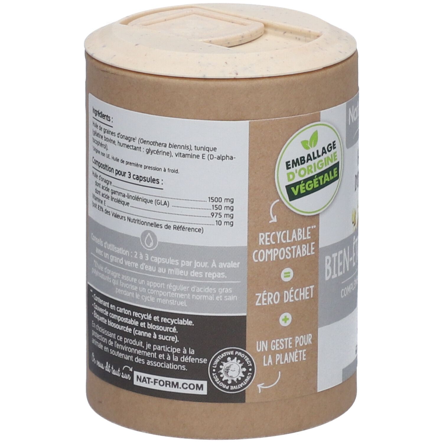 Rückseite der Dose mit Inhaltsstoffen und Informationen. Text: Emballage d'origine végétale, Recyclable, compostable, zéro déchet.