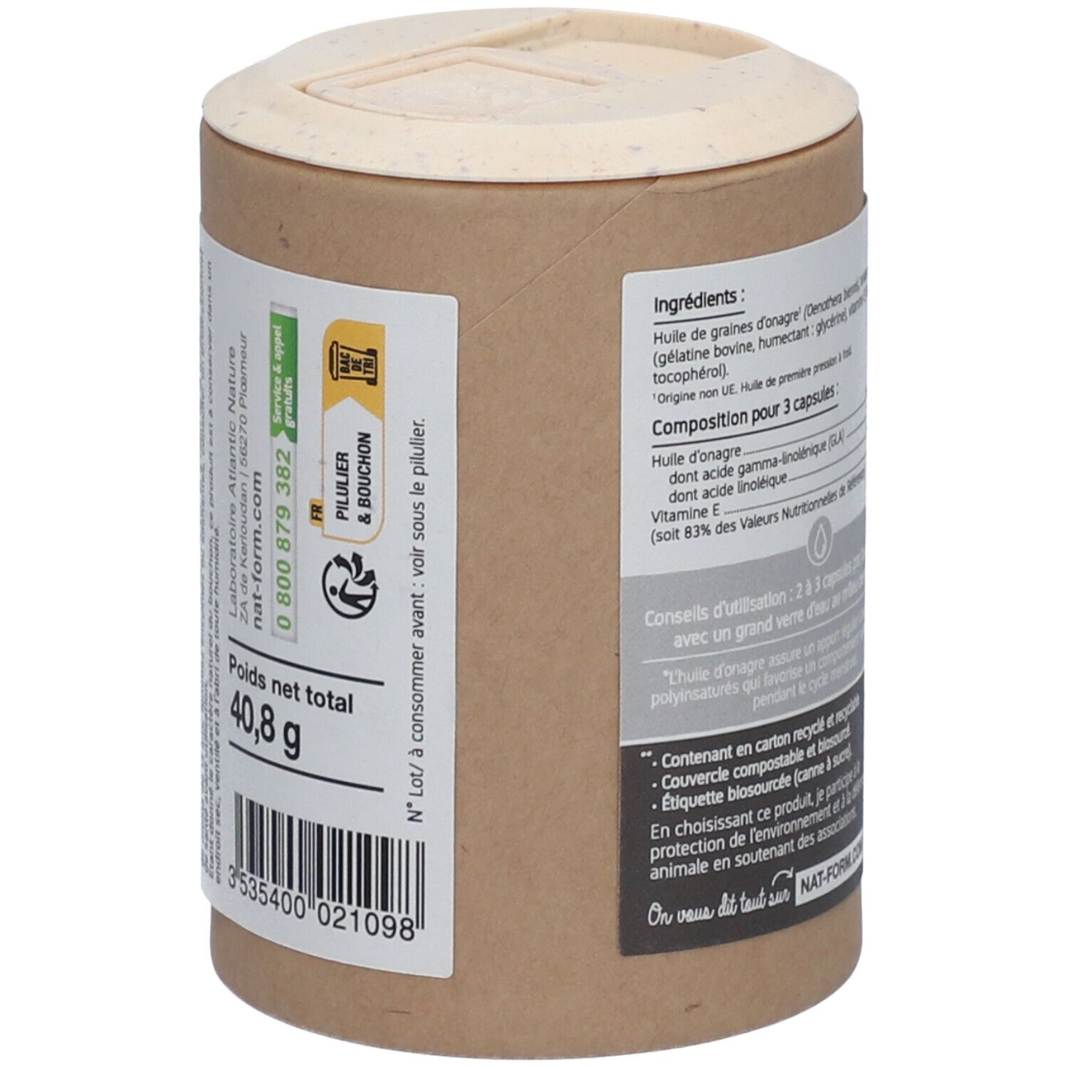 Dose mit Inhaltsstoffen und Informationen. Text: Poids net total 40,8 g. Label: Tri et bouchon.