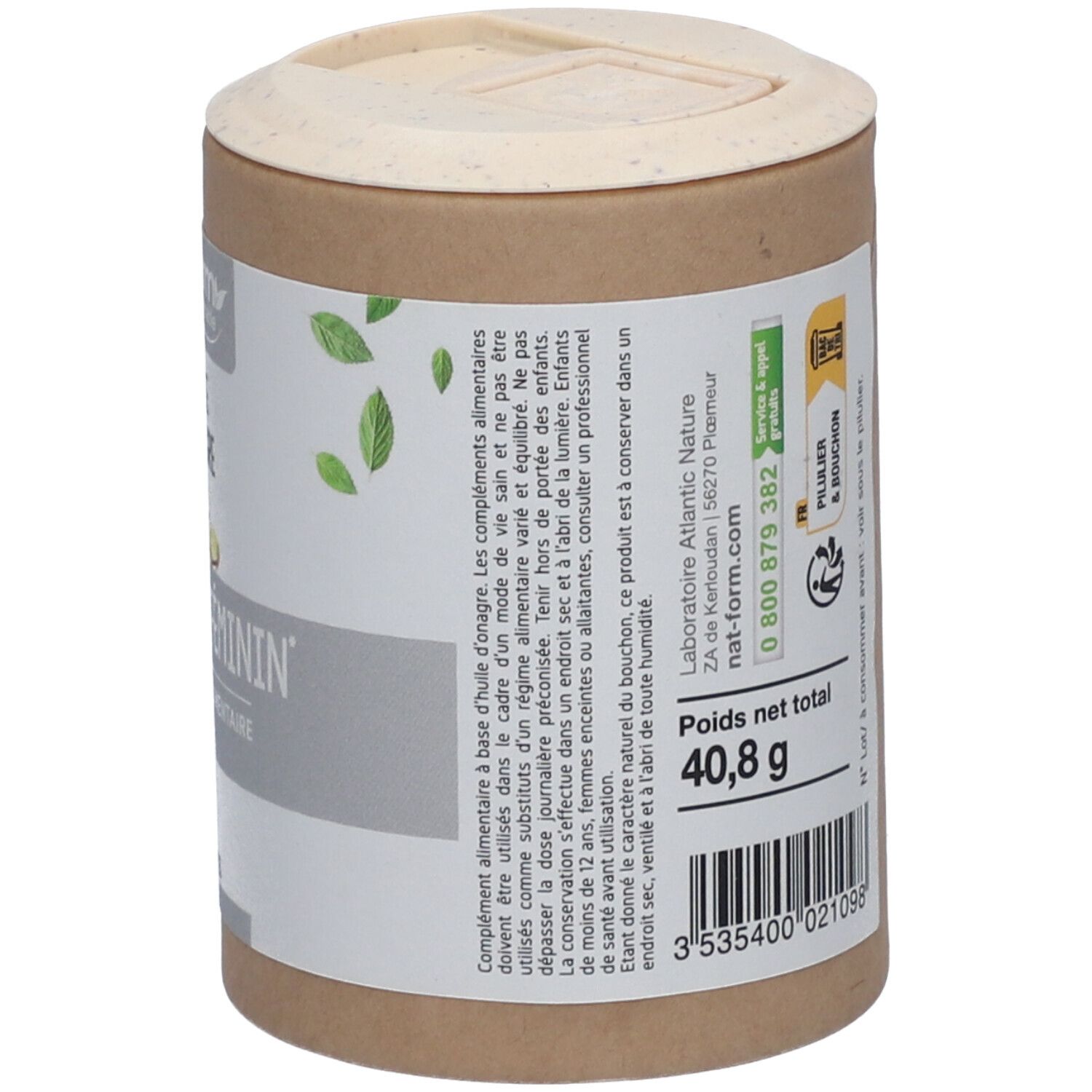 Rückseite der Dose mit Inhaltsstoffen und Informationen. Text: Poids net total 40,8 g. Label: Tri et bouchon.