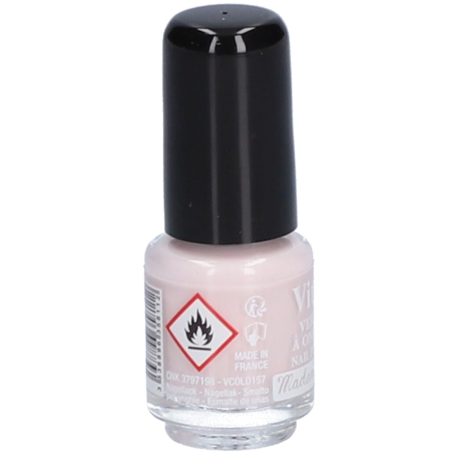 Flacon de vernis à ongles rose avec bouchon noir et symbole de danger. Inscription: Vitry, Mademoiselle.
