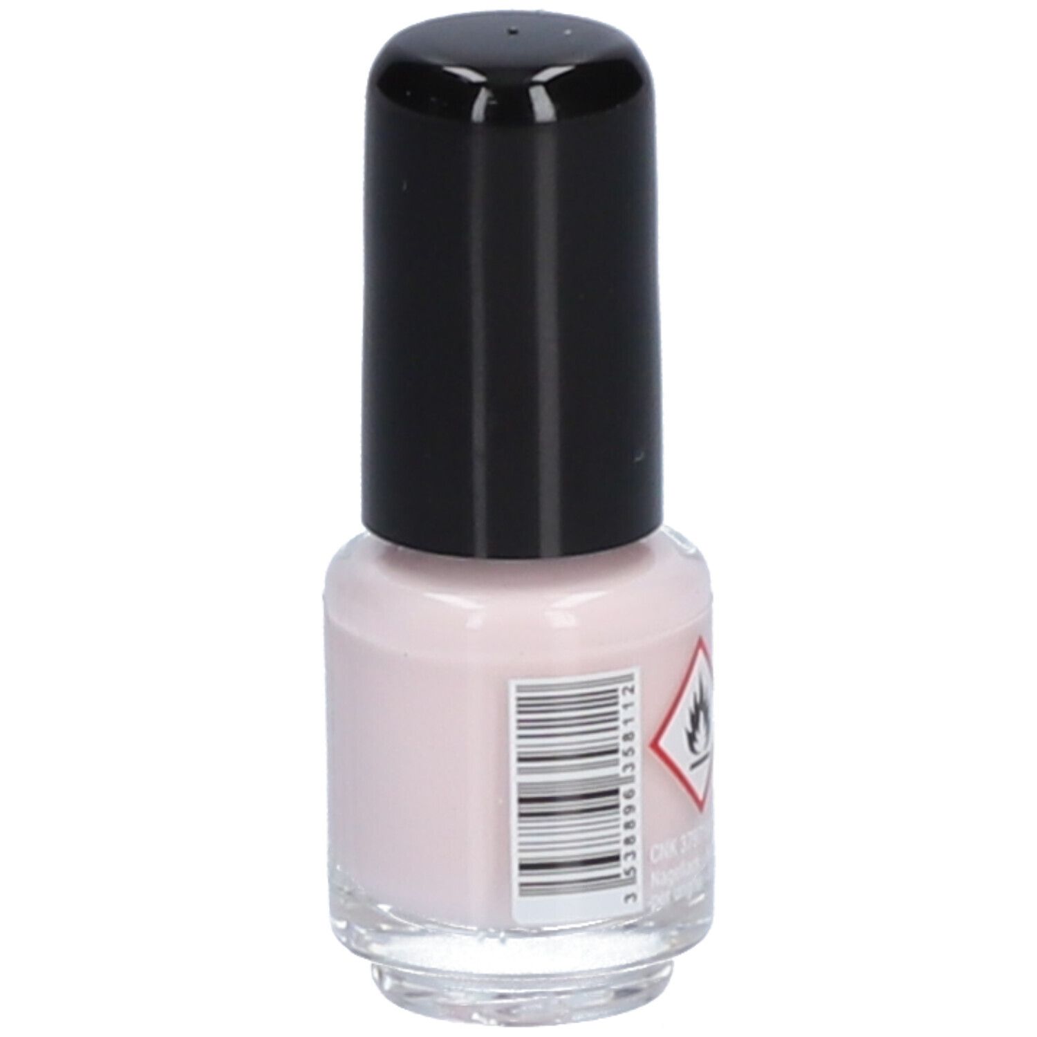 Flacon de vernis à ongles rose avec bouchon noir et symbole de danger. Inscription: Vitry, Mademoiselle.
