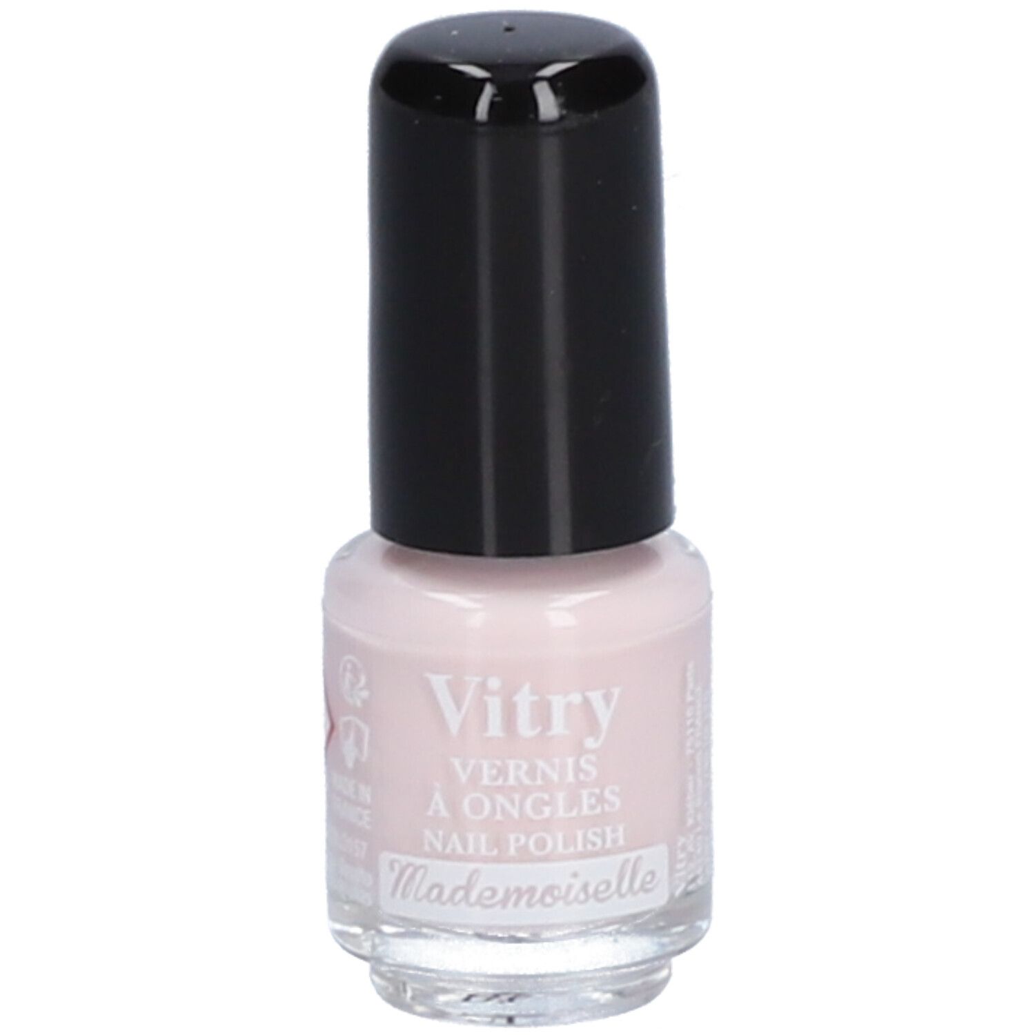 Flacon de vernis à ongles rose avec bouchon noir. Inscription: Vitry, Mademoiselle.
