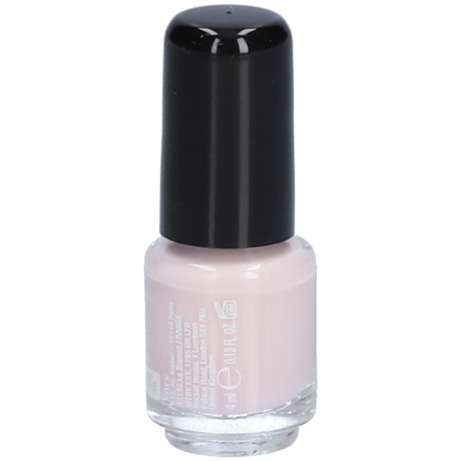 Flacon de vernis à ongles rose avec bouchon noir. Volume: 4 ml. Inscription: Vitry, Mademoiselle.