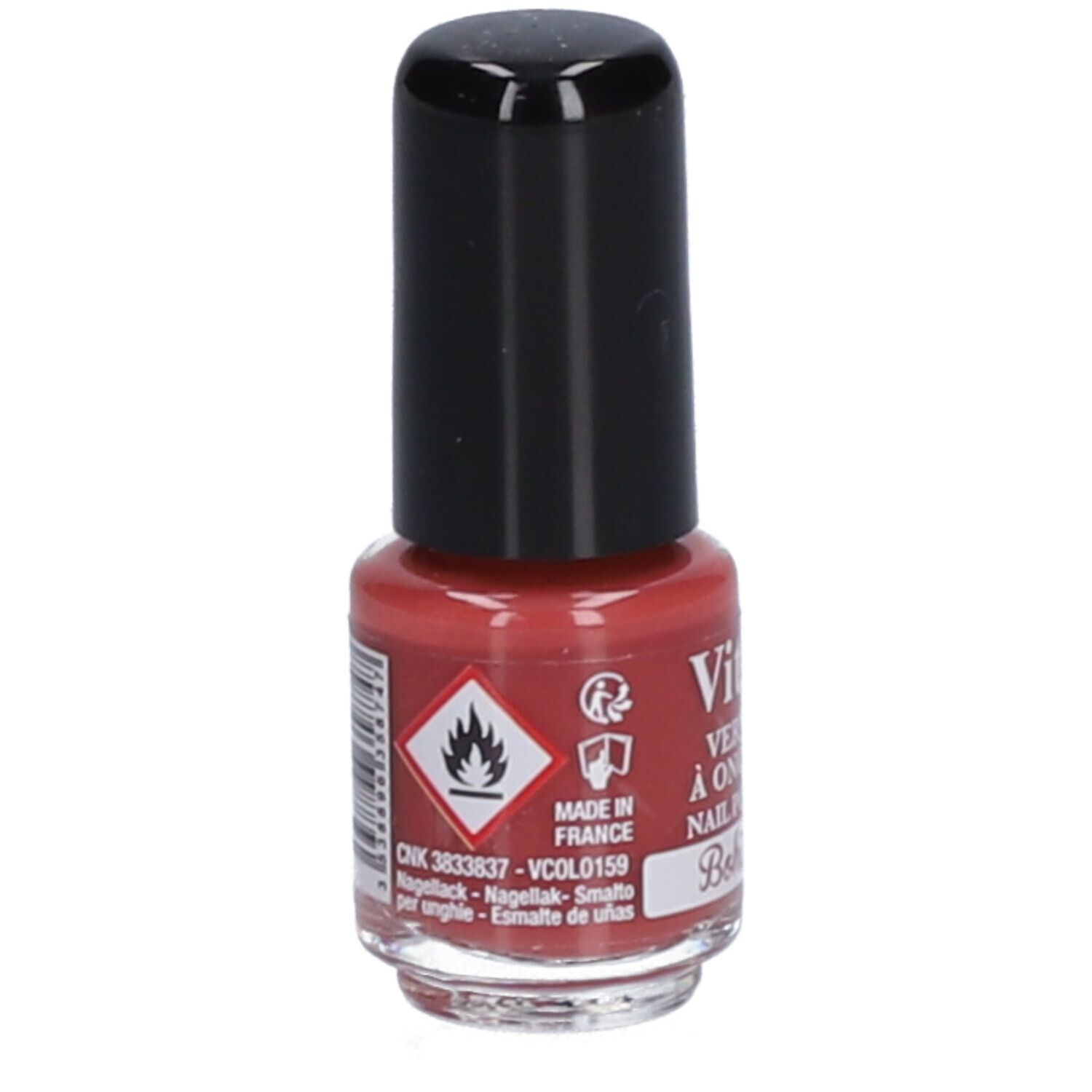Flacon de vernis à ongles avec bouchon noir. Inscription : Vitry, Vernis à Ongles, Nail Polish, Bohème. Symbole de danger.