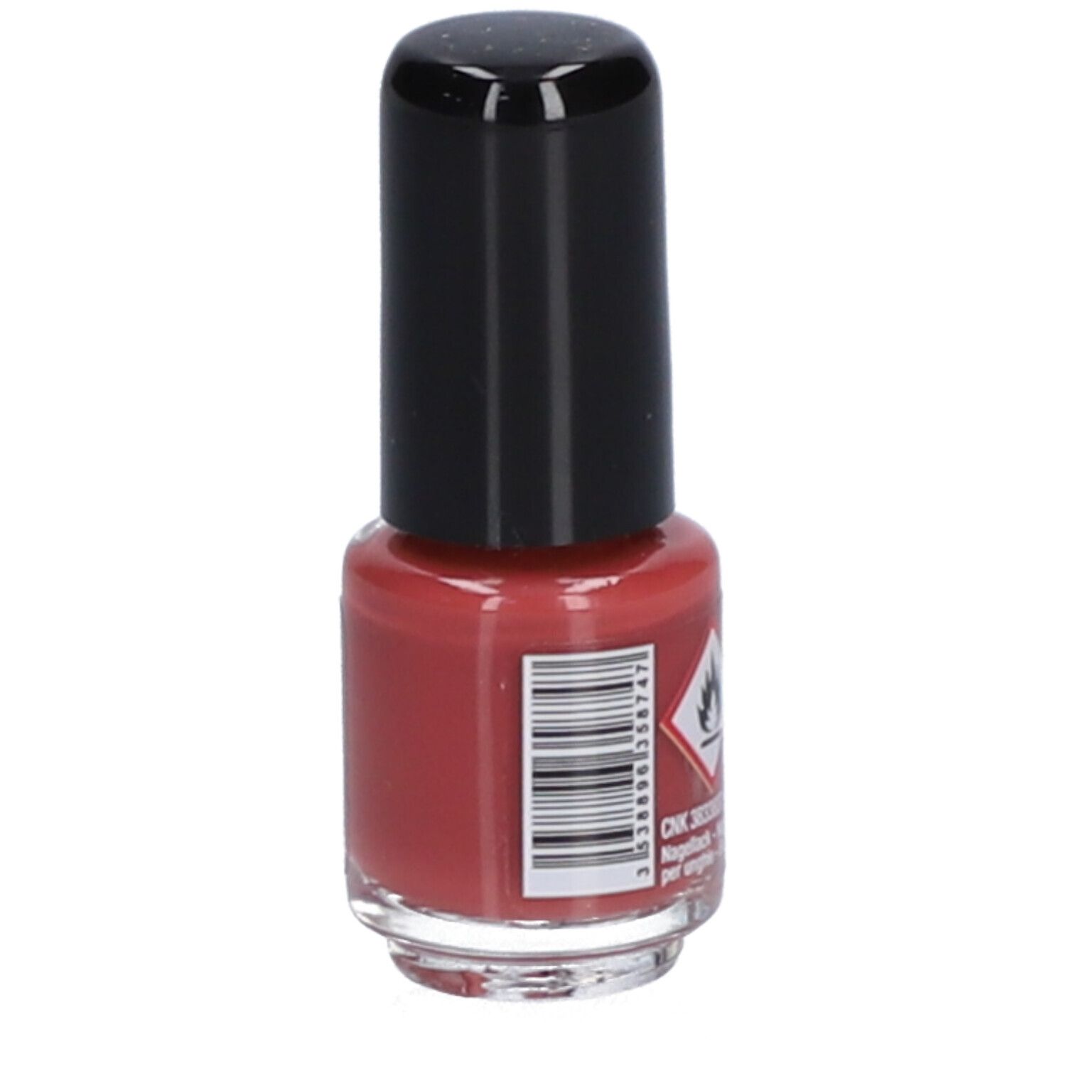 Flacon de vernis à ongles avec bouchon noir. Inscription : Vitry, Vernis à Ongles, Nail Polish, Bohème. Symbole de danger.