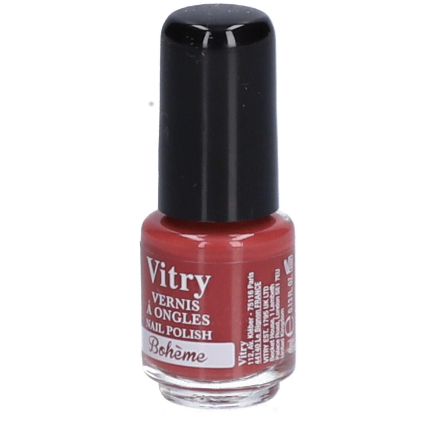Flacon de vernis à ongles avec bouchon noir. Inscription : Vitry, Vernis à Ongles, Nail Polish, Bohème.