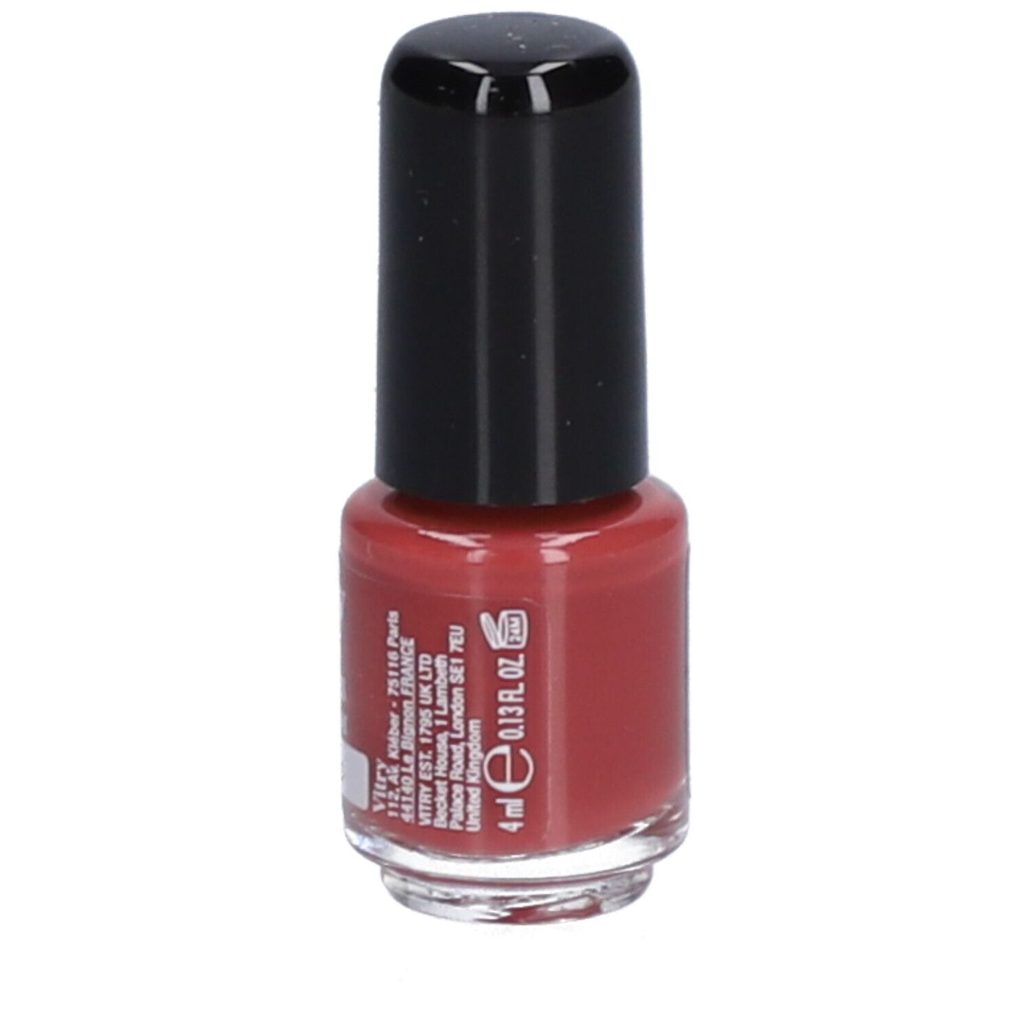 Flacon de vernis à ongles avec bouchon noir. Inscription : Vitry, Vernis à Ongles, Nail Polish, Bohème. Volume : 4ml.