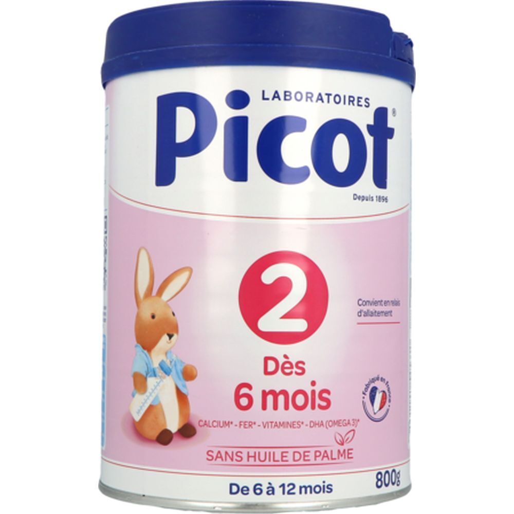 Boîte de lait Picot 2, 2ème âge, dès 6 mois. Design rose et blanc avec lapin. Couvercle bleu. 800g. Sans huile de palme.