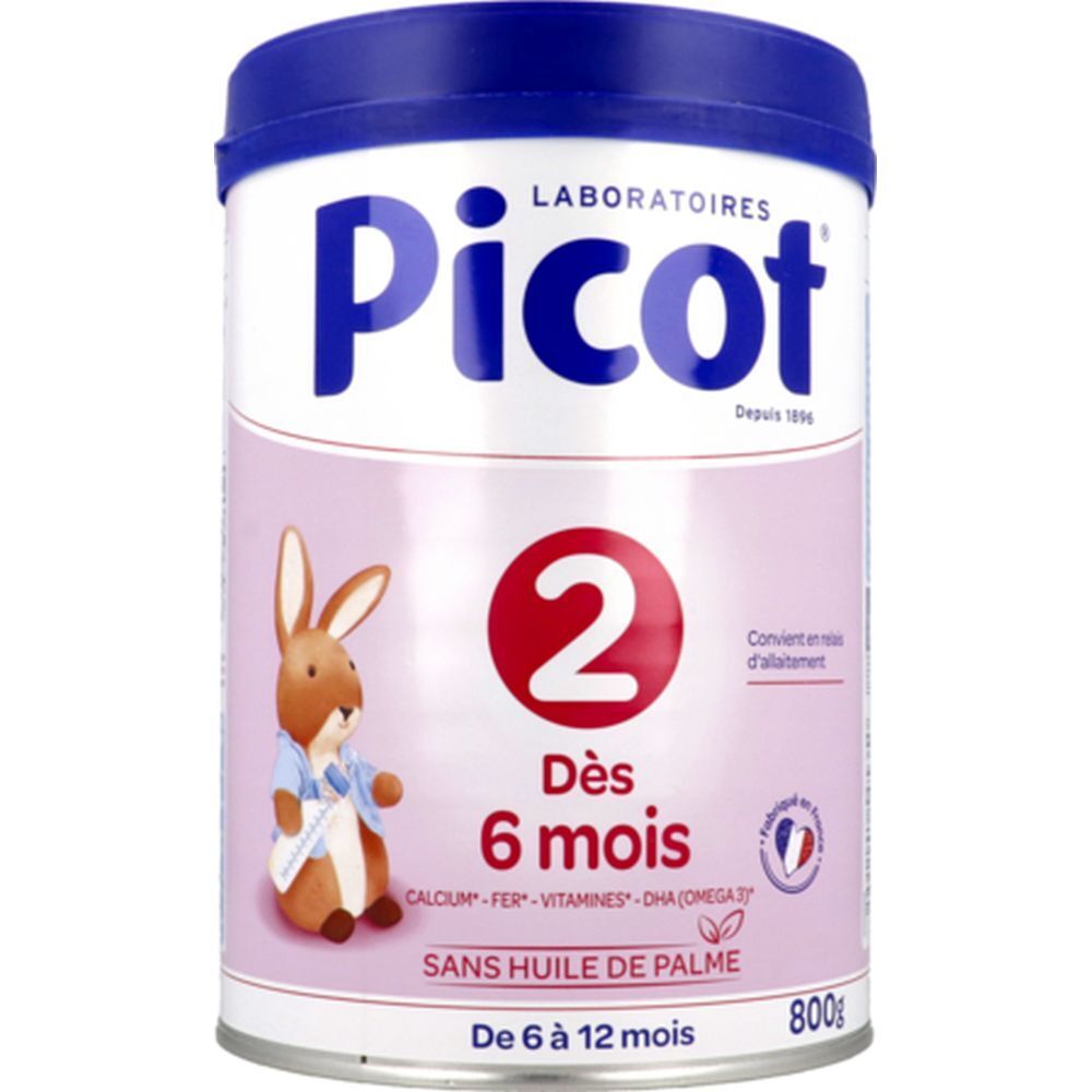 Boîte de lait Picot 2, 2ème âge, dès 6 mois. Design rose et blanc avec lapin. Couvercle bleu. 800g. Sans huile de palme.