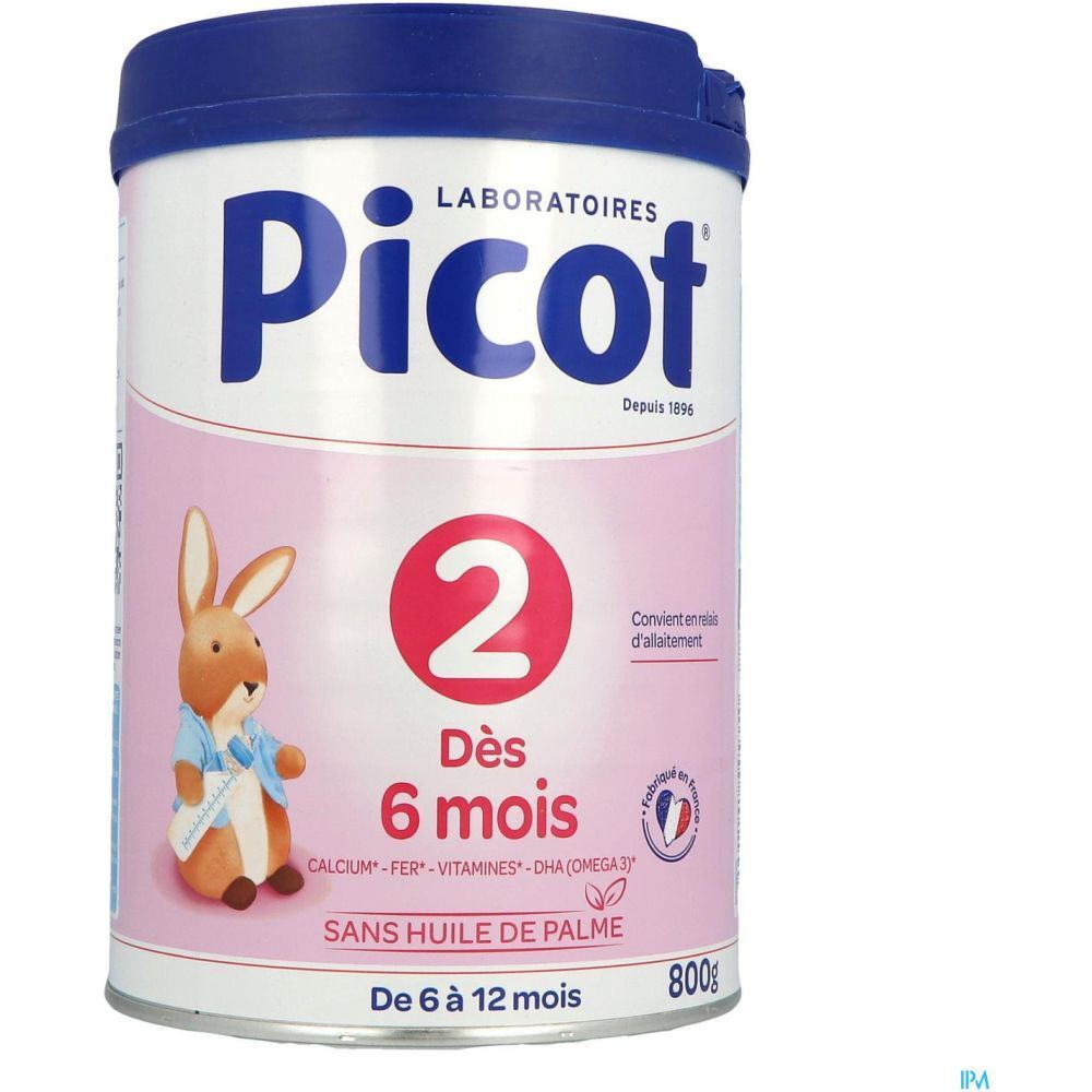 Boîte de lait Picot 2, 2ème âge, dès 6 mois. Design rose et blanc avec lapin. Couvercle bleu. 800g. Sans huile de palme.