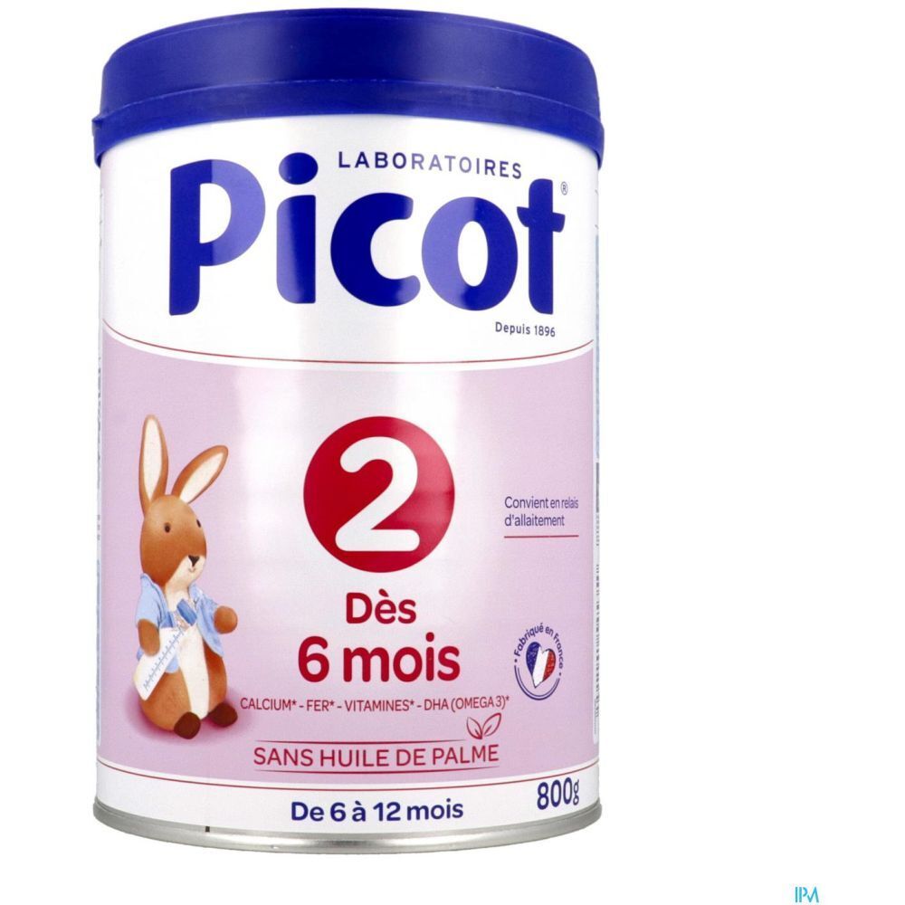 Boîte de lait Picot 2, 2ème âge, dès 6 mois. Design rose et blanc avec lapin. Couvercle bleu. 800g. Sans huile de palme.