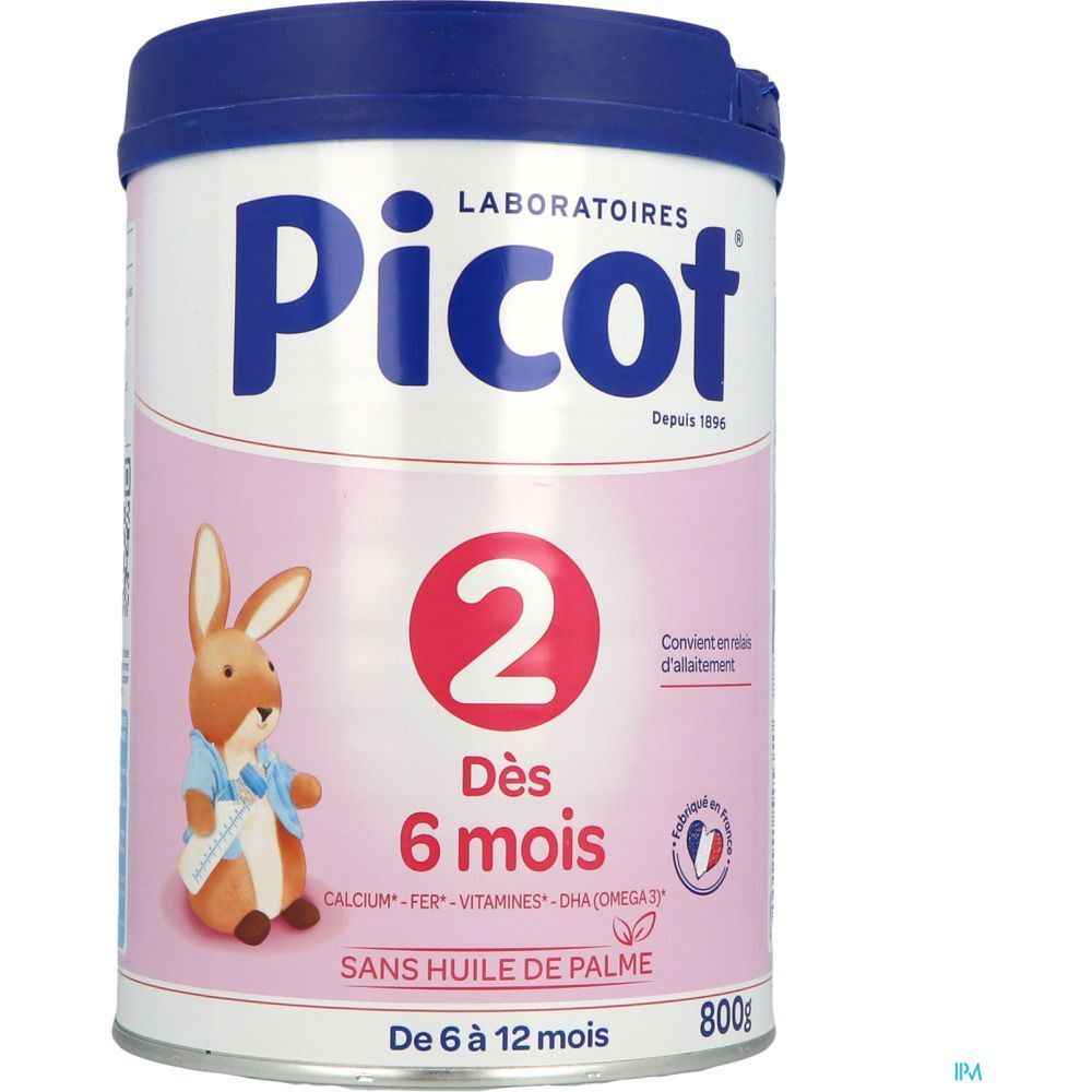 Boîte de lait Picot 2, 2ème âge, dès 6 mois. Design rose et blanc avec lapin. Couvercle bleu. 800g. Sans huile de palme.