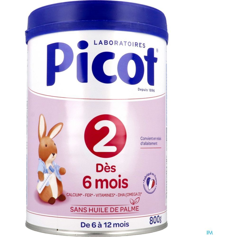 Boîte de lait Picot 2, 2ème âge, dès 6 mois. Design rose et blanc avec lapin. Couvercle bleu. 800g. Sans huile de palme.