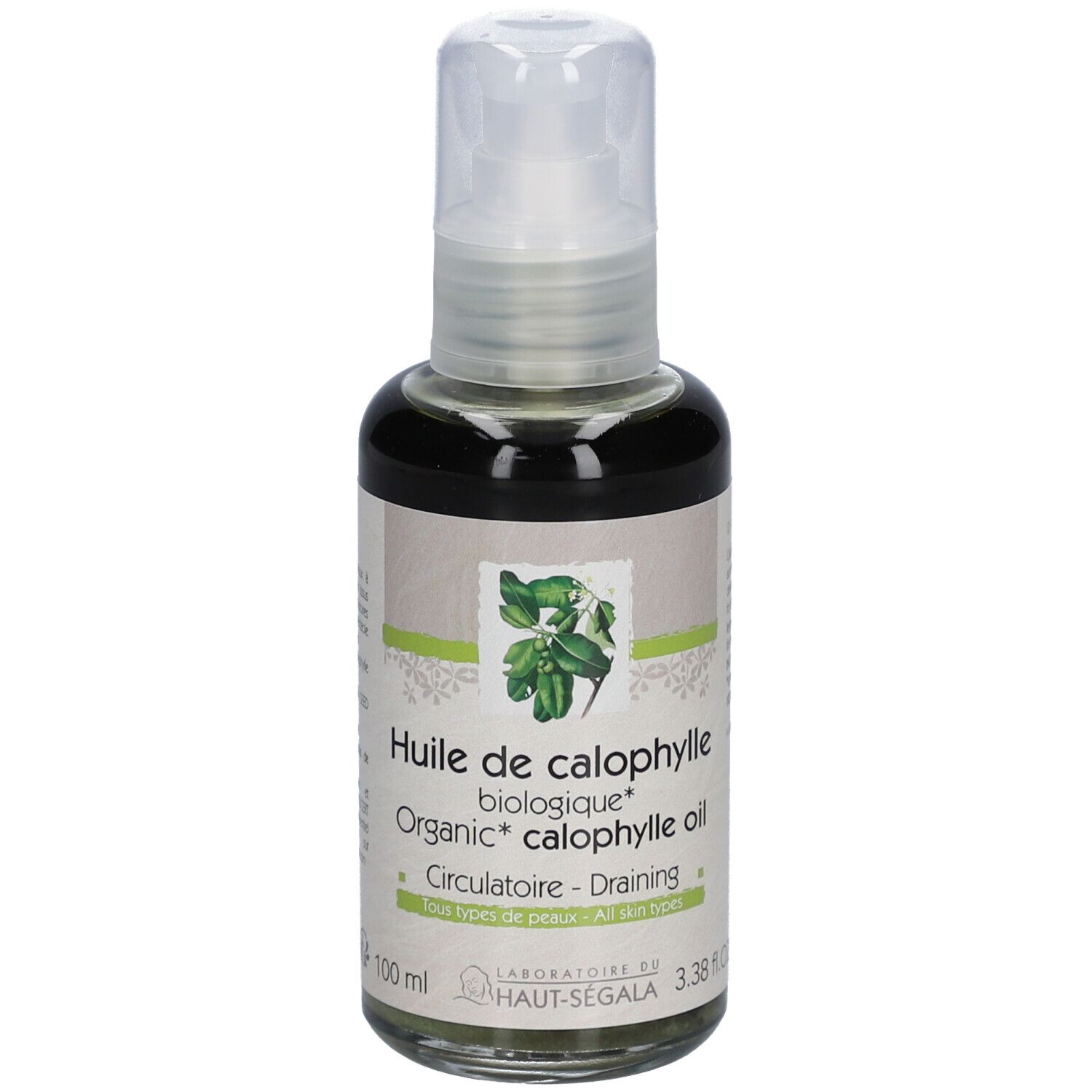 Glasflasche mit Sprühkopf. Etikett mit Text: Huile de calophylle biologique, Organic calophylle oil.