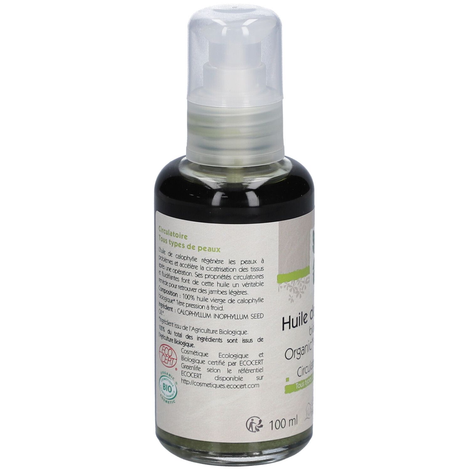 Glasflasche mit Sprühkopf. Etikett mit Text und Informationen. Bio-Siegel. 100 ml.