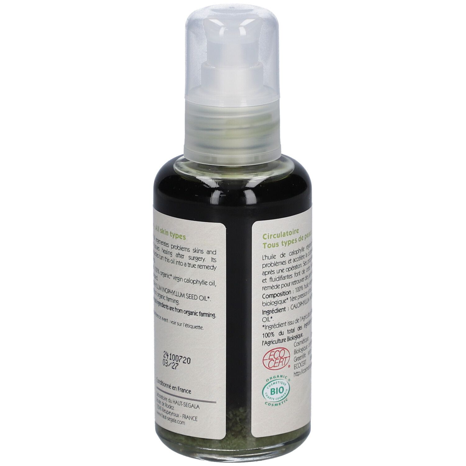 Glasflasche mit Sprühkopf. Rückseite mit Text und Bio-Siegel. 100 ml.