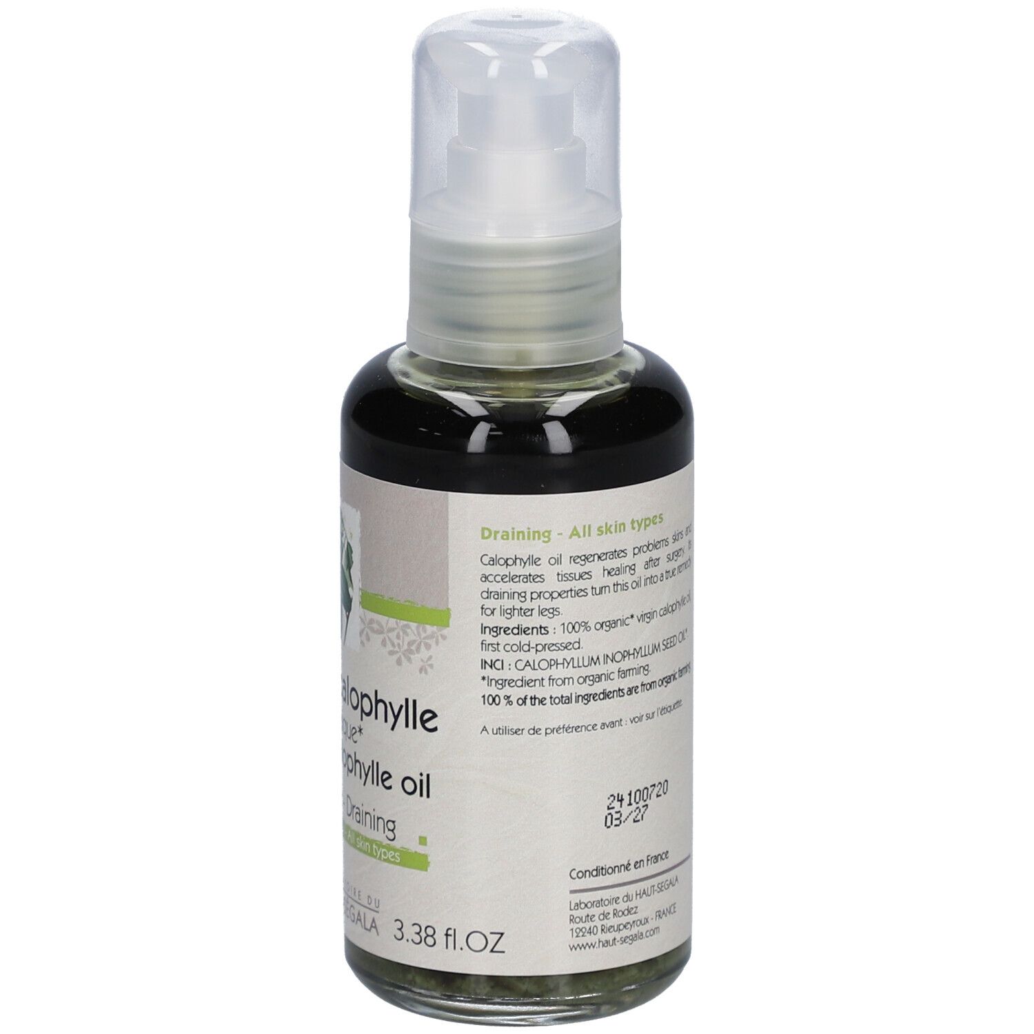 Glasflasche mit Sprühkopf. Etikett mit Text und Informationen. Bio-Siegel. 100 ml.