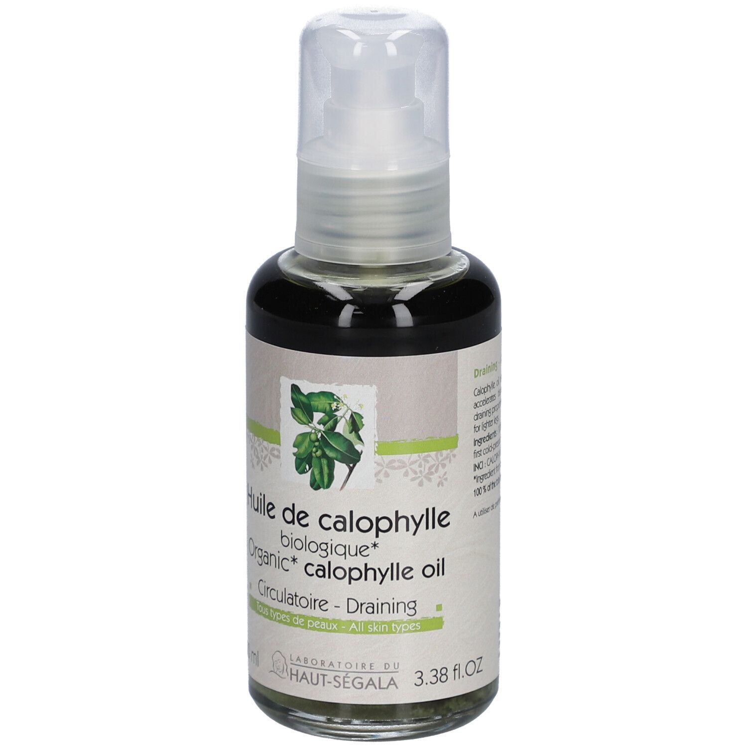 Glasflasche mit Sprühkopf. Etikett mit Text: Huile de calophylle biologique, Organic calophylle oil.