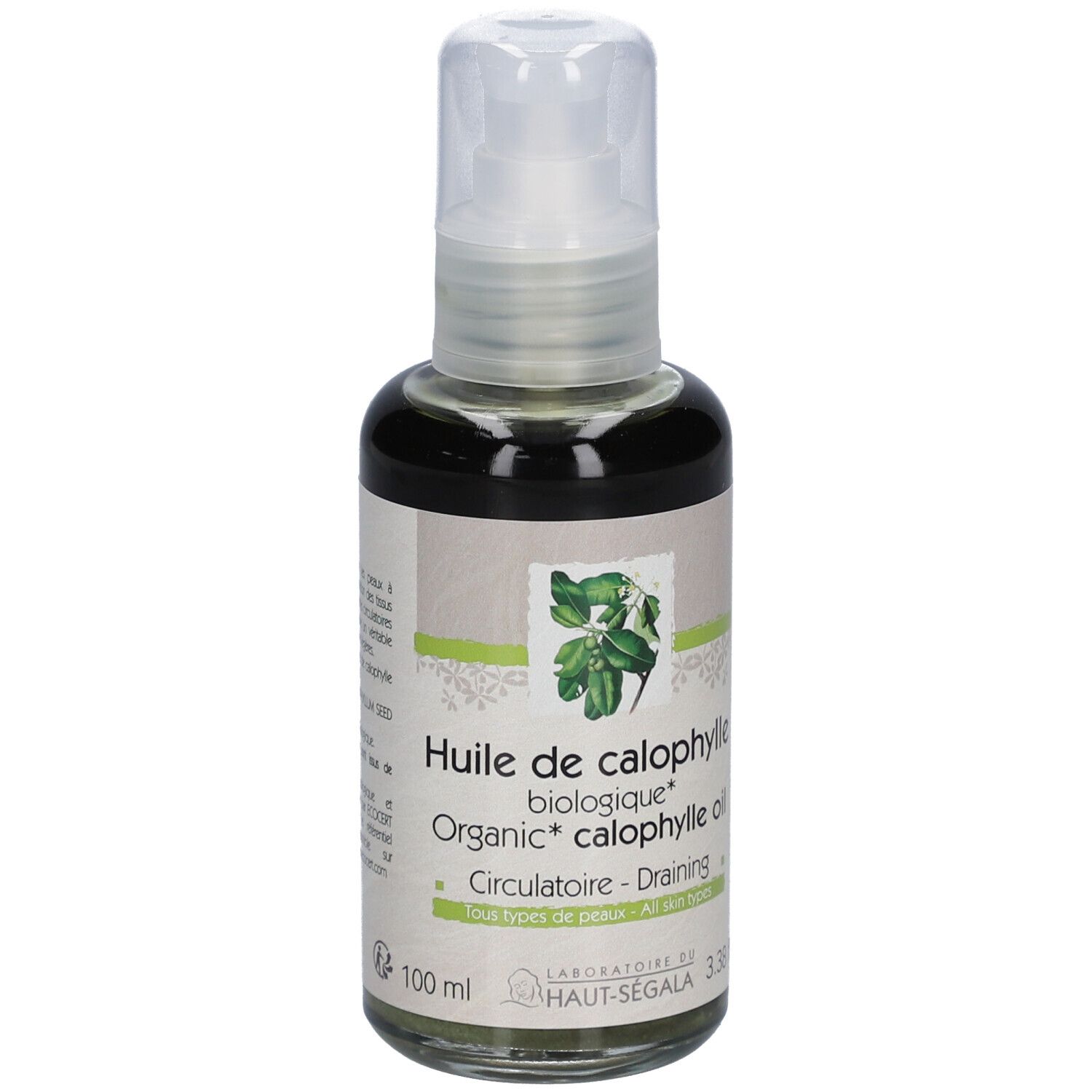 Glasflasche mit Sprühkopf. Etikett mit Text: Huile de calophylle biologique, Organic calophylle oil. 100 ml.