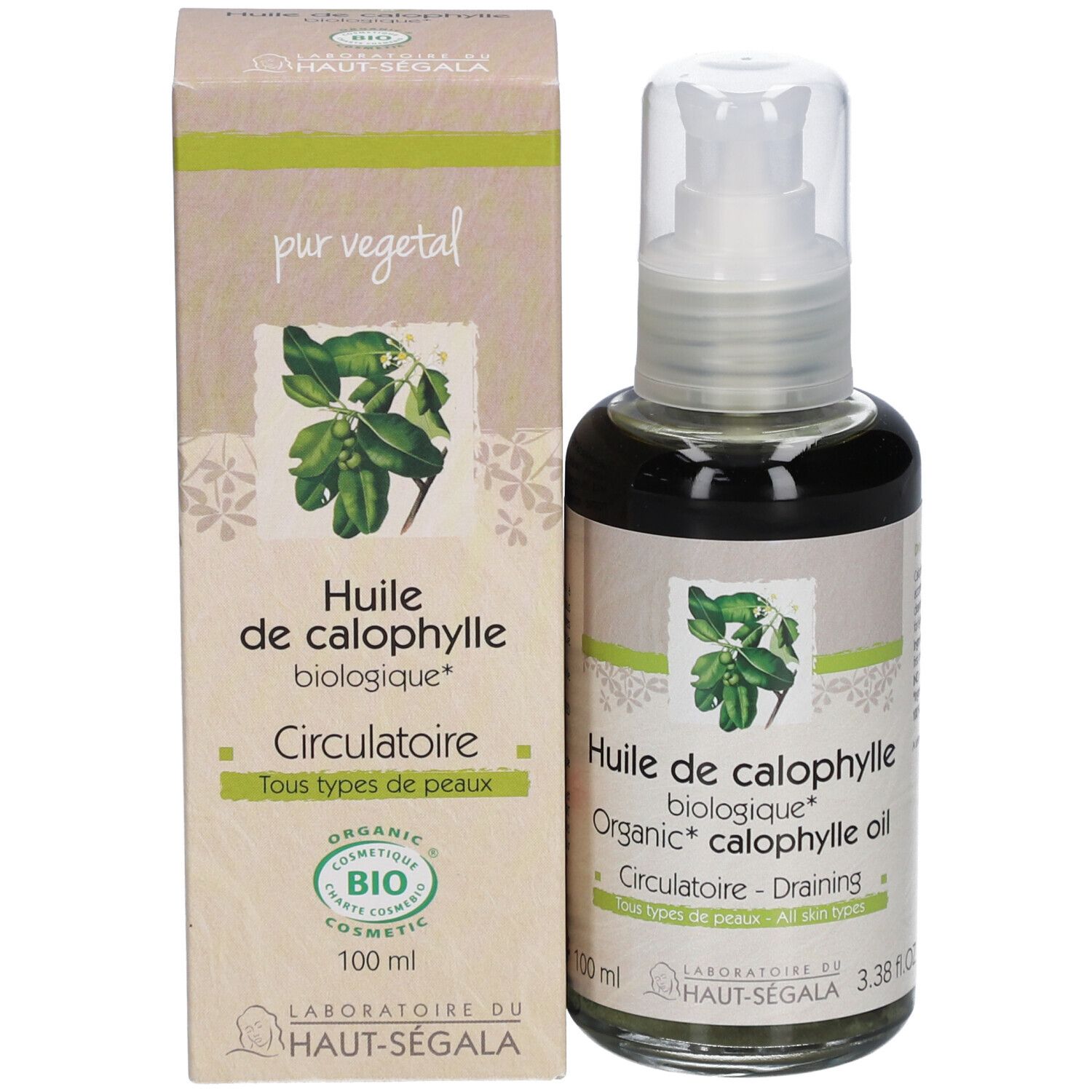 Calophyllumöl Bio-Flasche und -Verpackung. Label mit Text und Bio-Siegel. Flasche mit Sprühkopf.