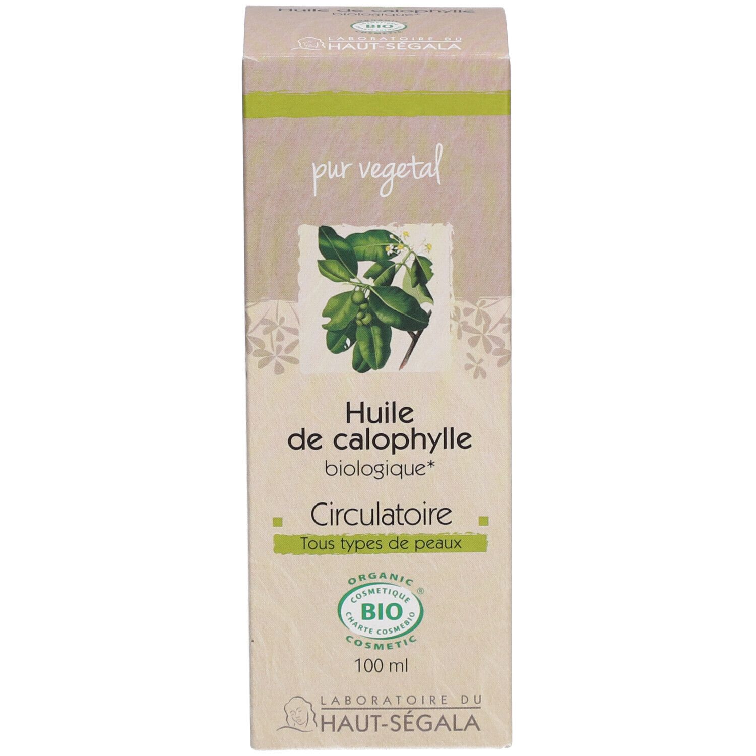 Verpackung für Calophyllumöl Bio. Label mit Text und Bio-Siegel. 100 ml.