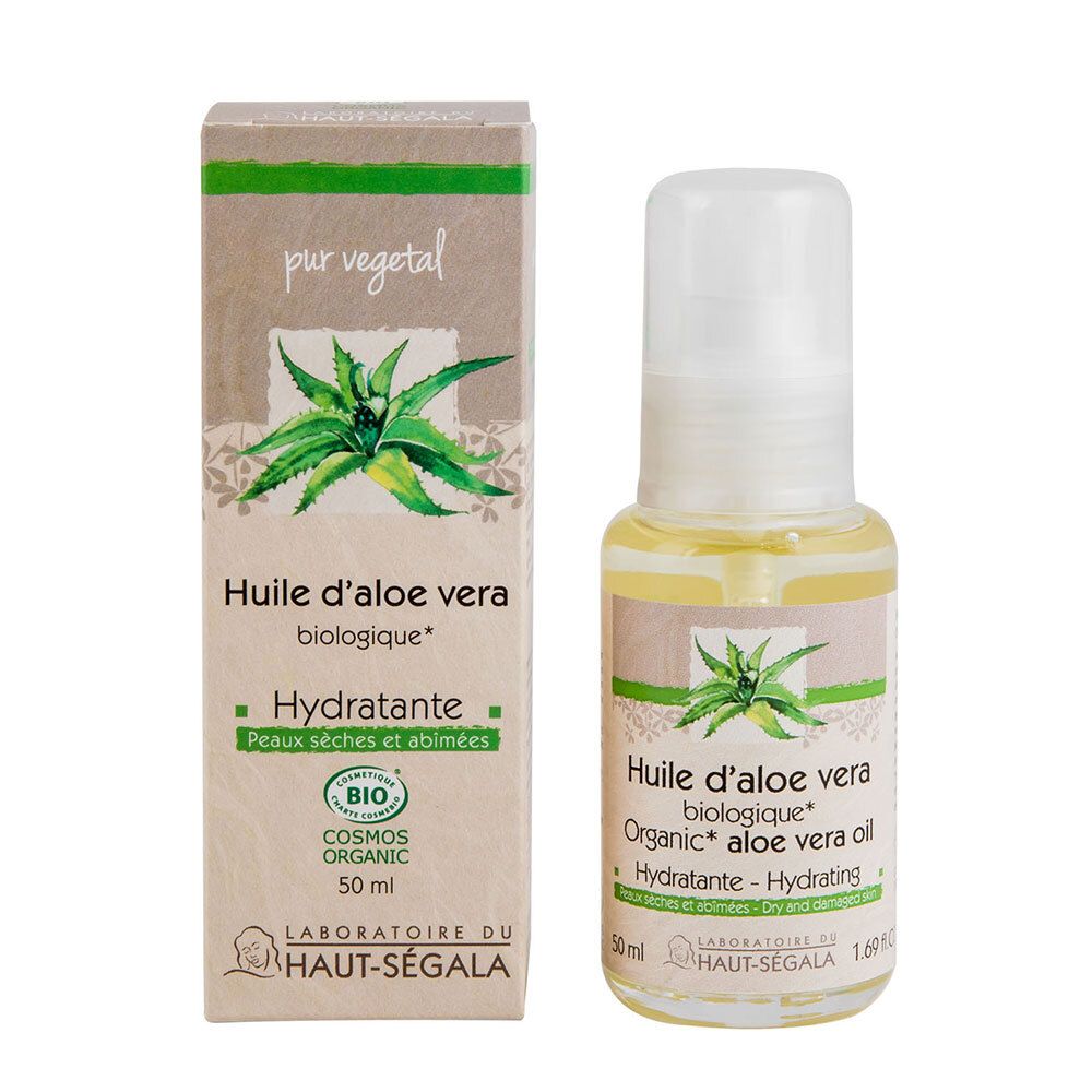 Flacon et boîte d'huile d'aloe vera. Inscription: Huile d'aloe vera biologique, Hydratante, Peaux sèches et abîmées. Label Bio.